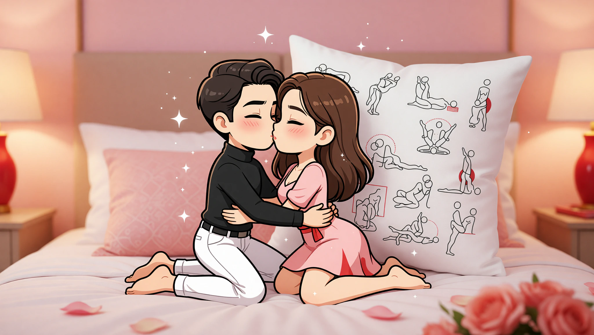 Loving man and woman reconnecting intimately in missionary with hip pillow during long-distance reunion.