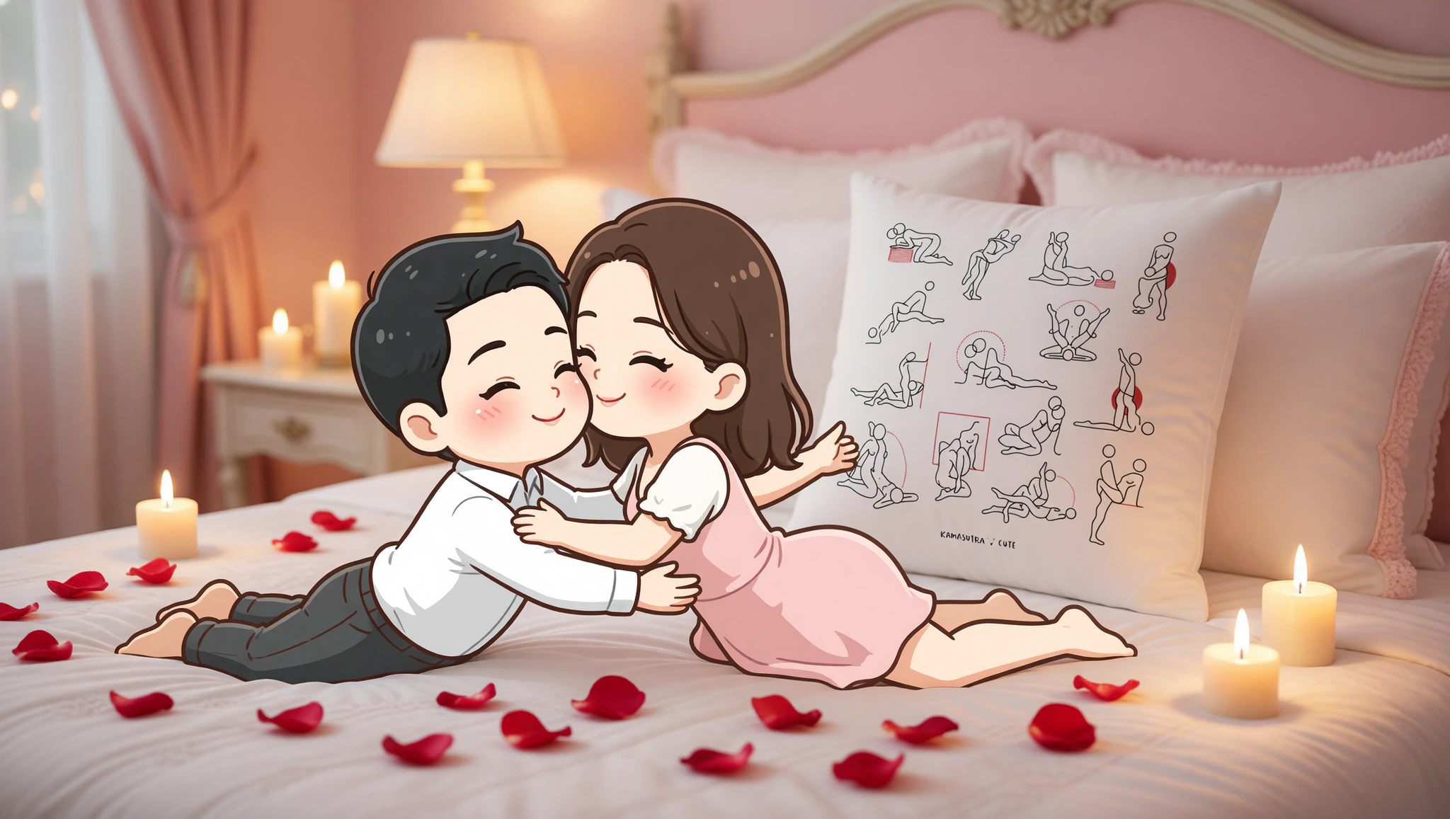 Newlywed man and woman sharing intense eye contact in missionary position on their honeymoon bed.