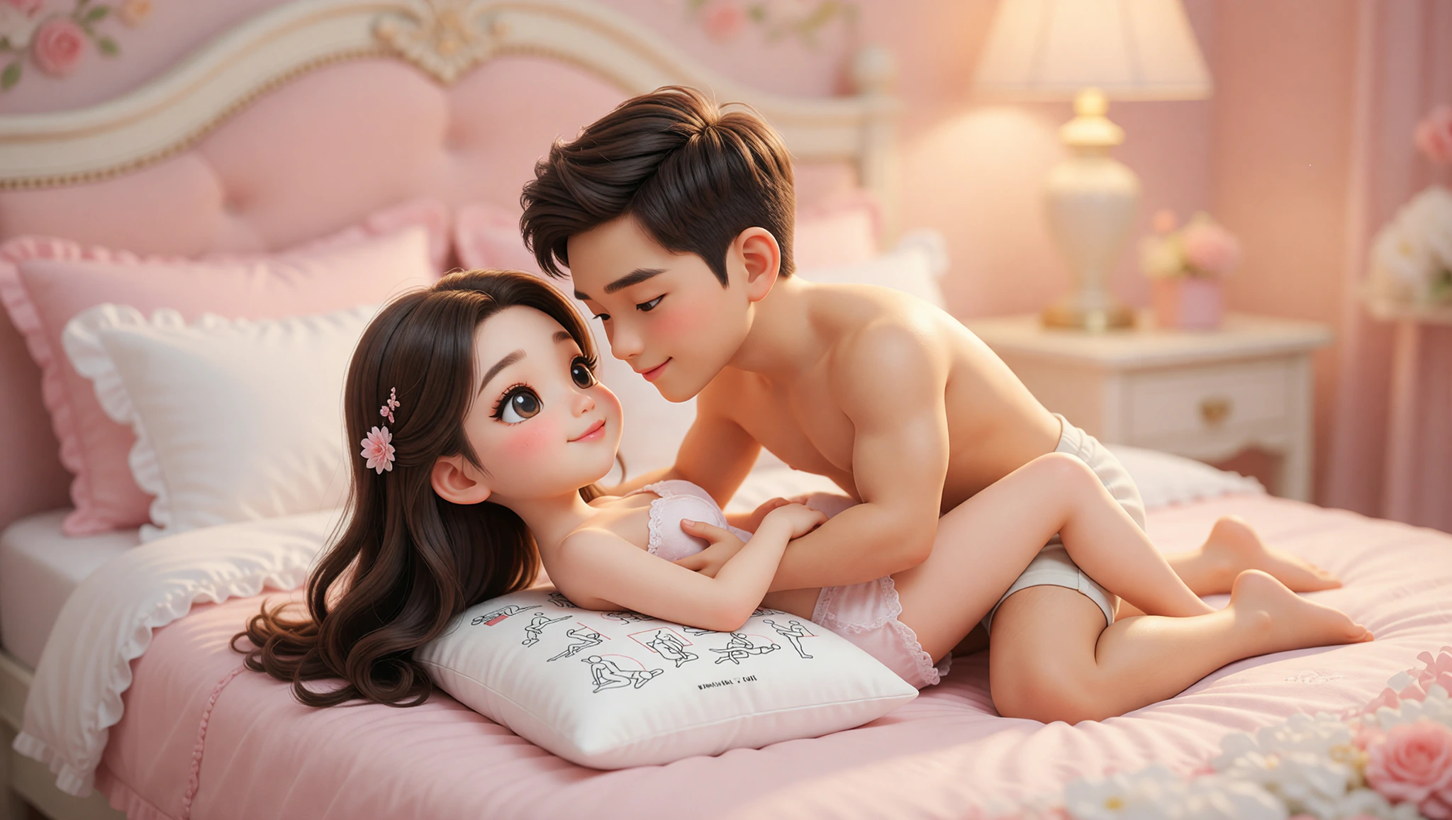 Newlywed couple in elevated missionary position using a supportive pillow to deepen their intimate connection.