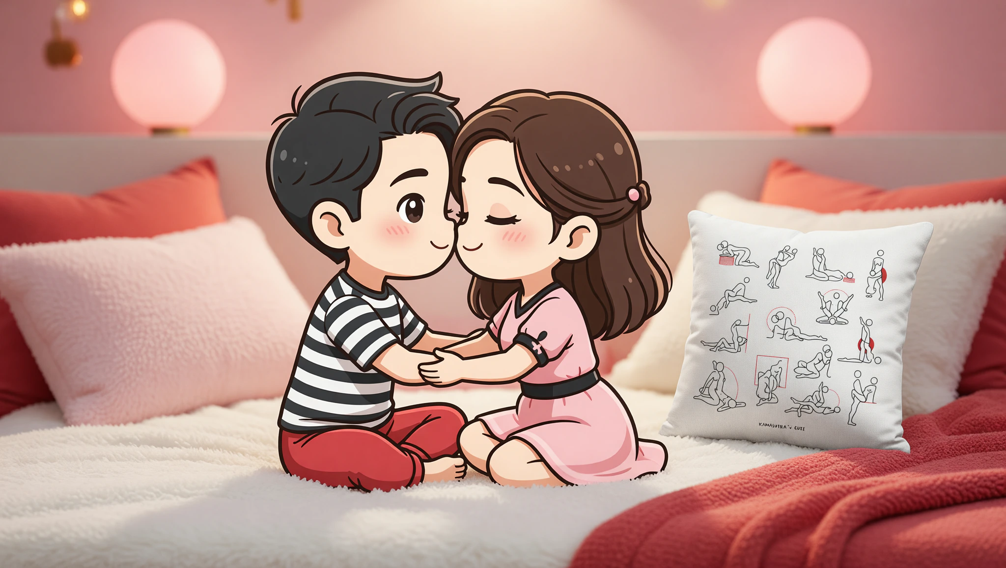 Man and woman embracing in sacred lotus position with pillow for support, building intimate connection.