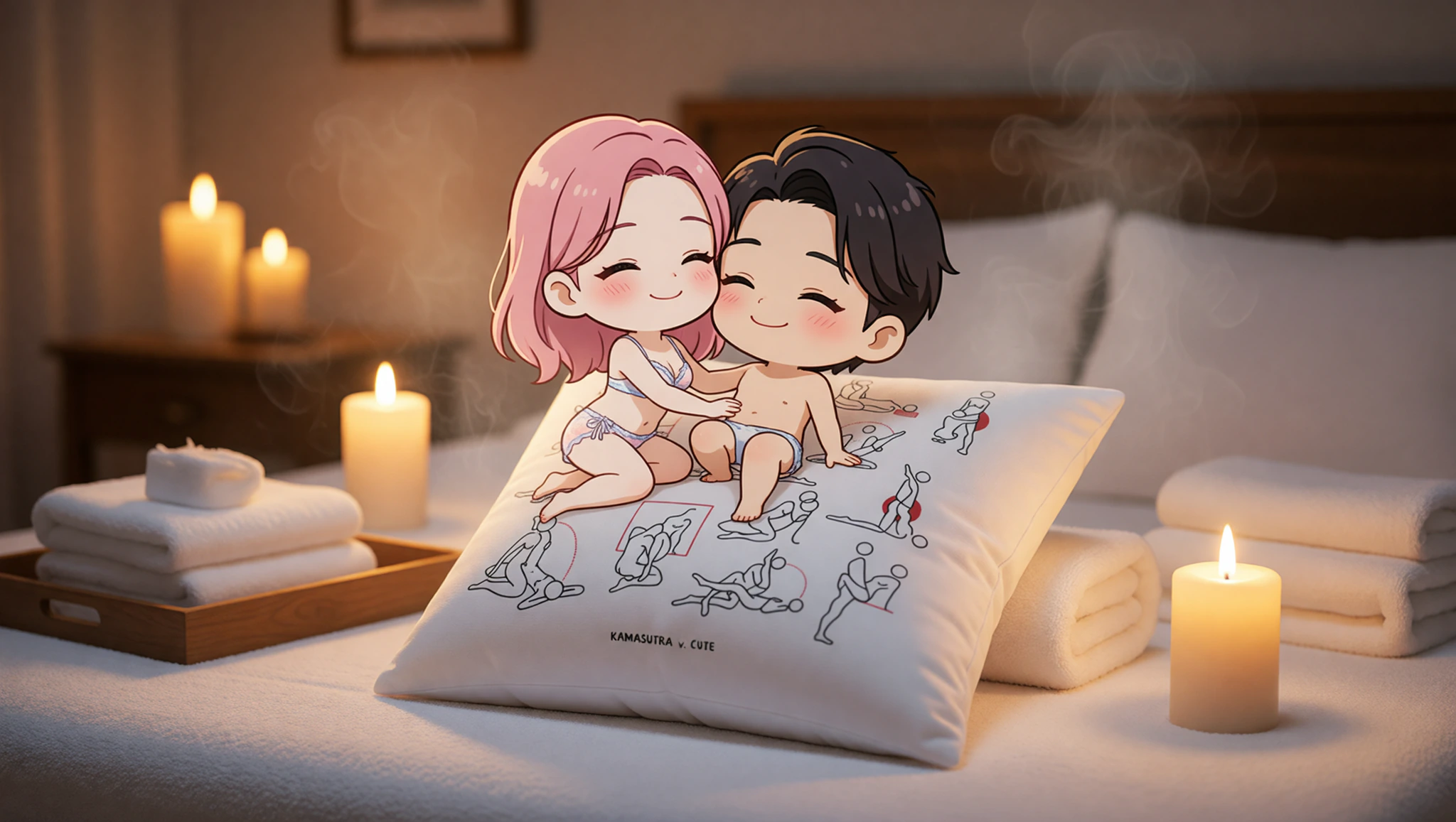 Romantic couple in a spa tease position, woman straddling man on supportive pillow amid steamy indulgence.