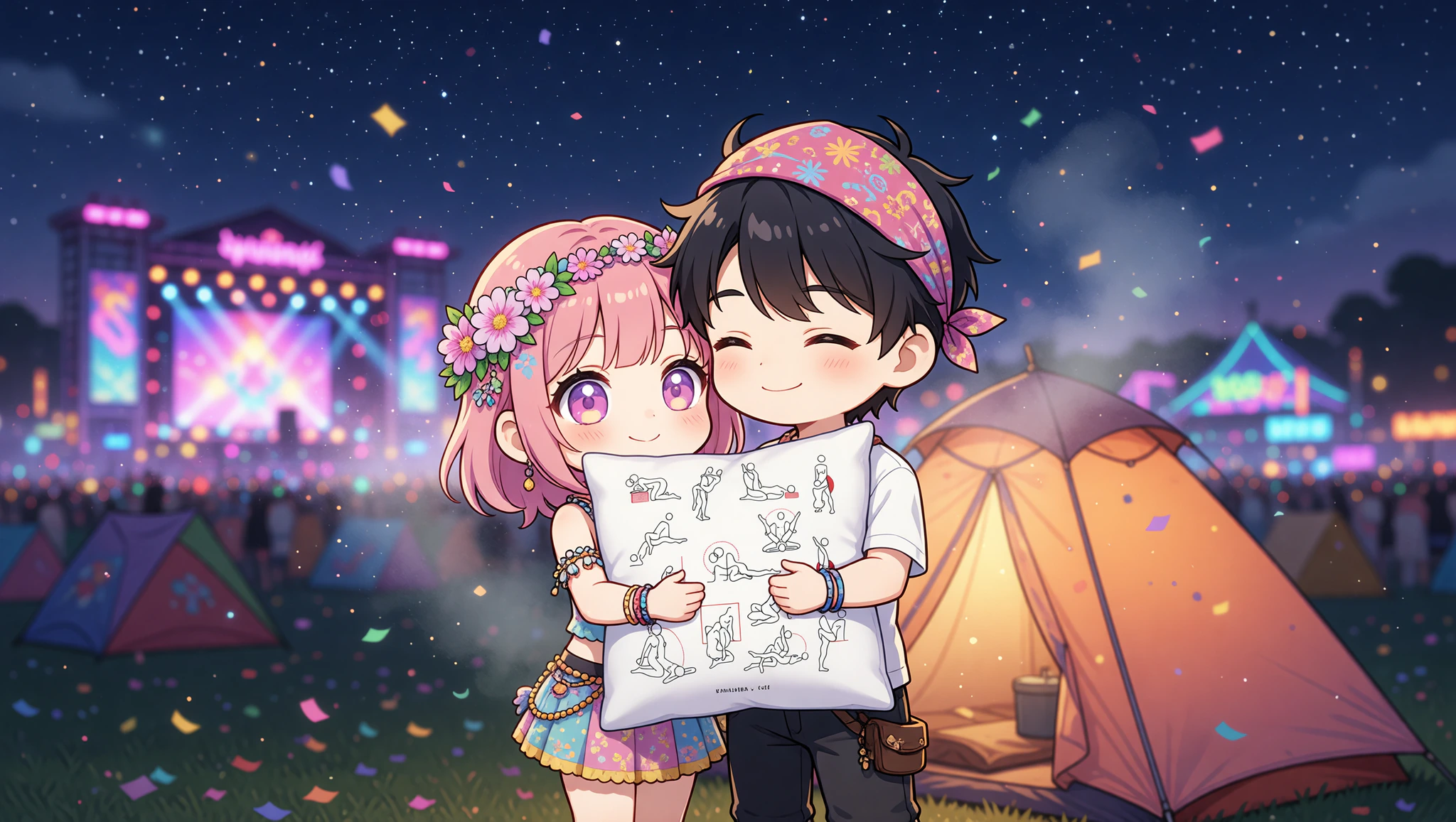 Couple sharing a steamy festival escape embrace near their tent.