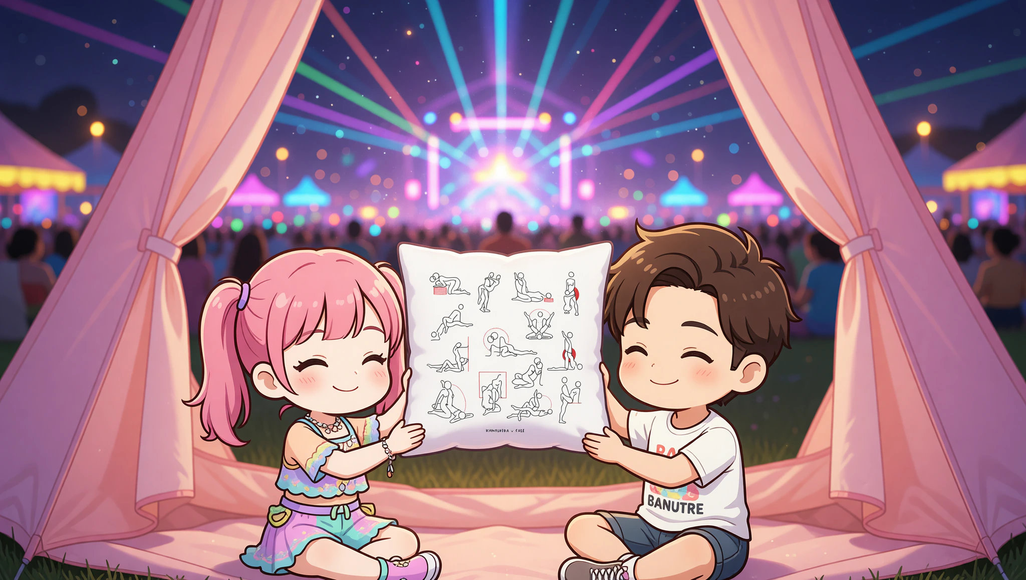 Heterosexual couple sharing missionary intimacy in a festival tent.