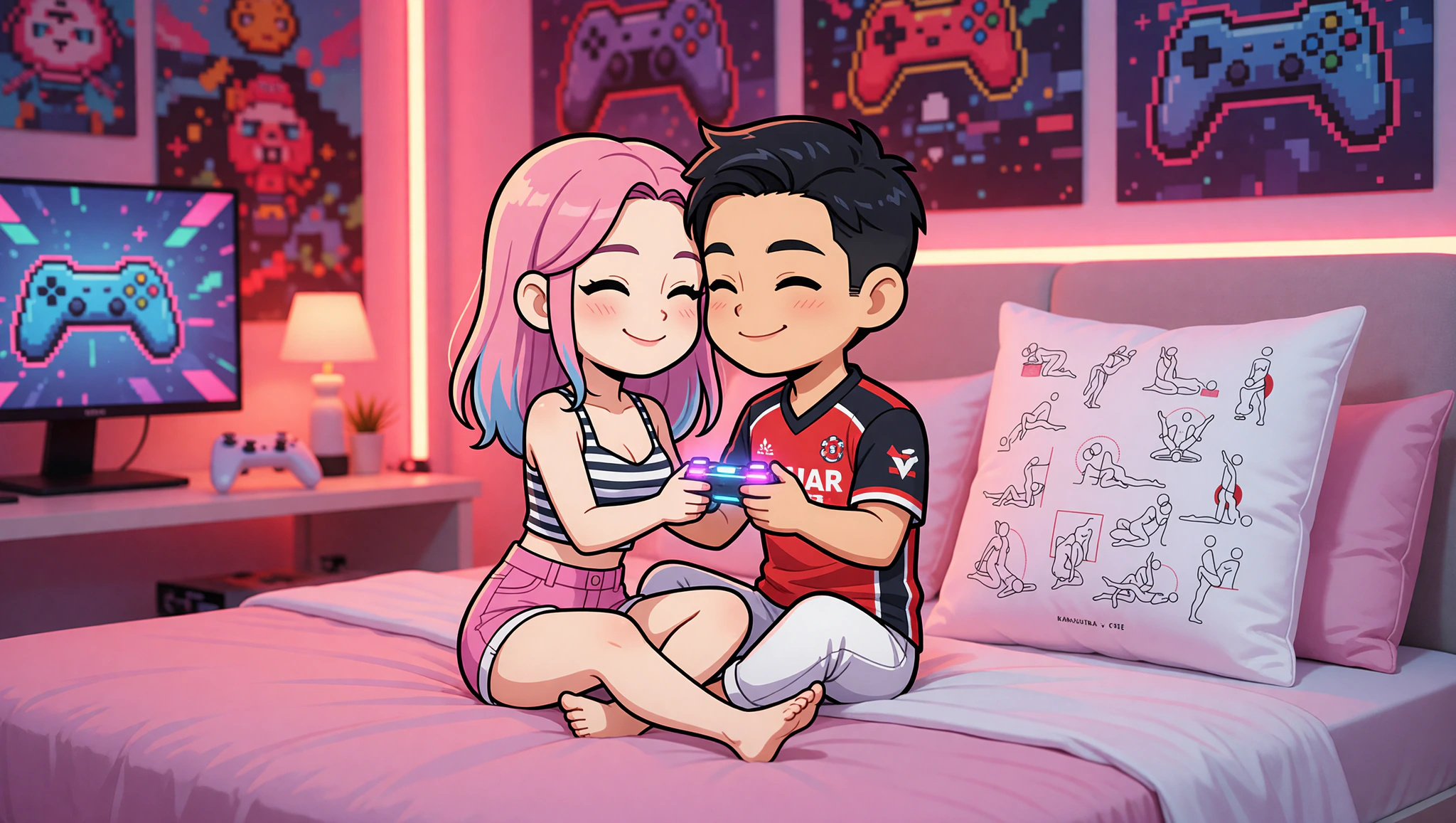 Passionate gamer couple in level up lotus position surrounded by controllers and neon lights.