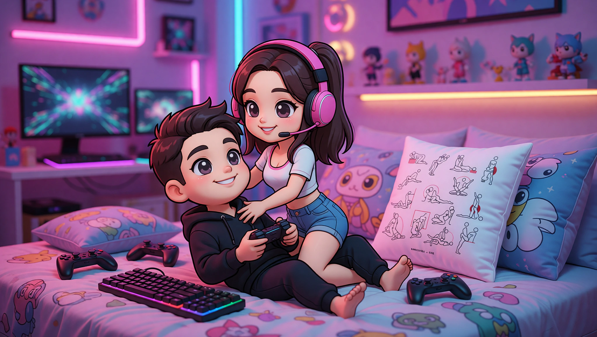 Excited gamer couple exploring a flirty straddling position in their neon-lit bedroom.