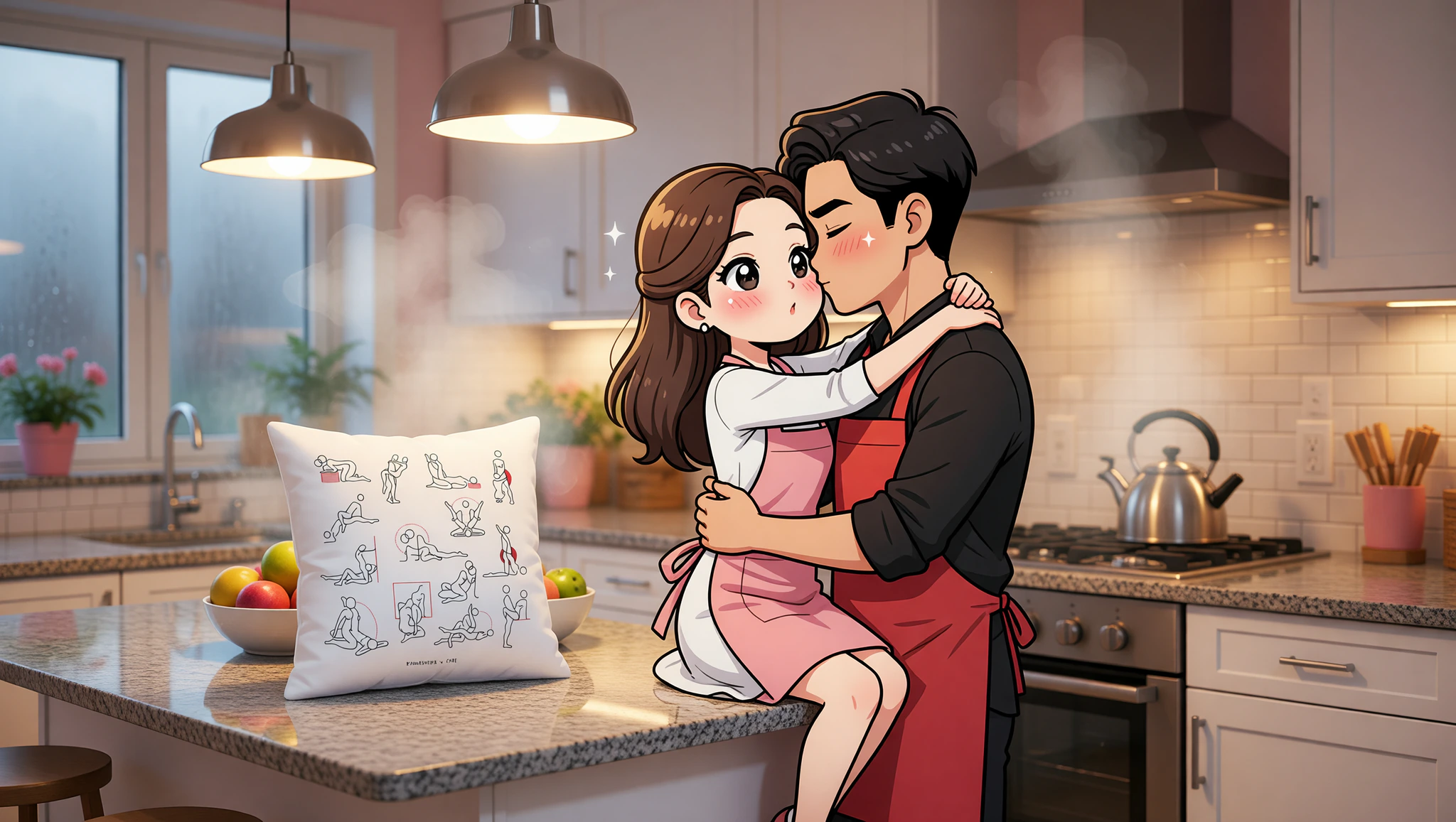 Passionate man and woman couple locked in steamy kitchen countertop embrace.