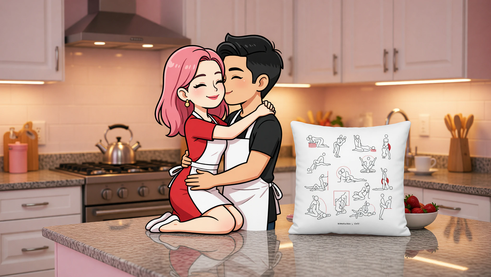 Passionate man and woman couple heating up the kitchen counter with intense eye contact and close embrace.