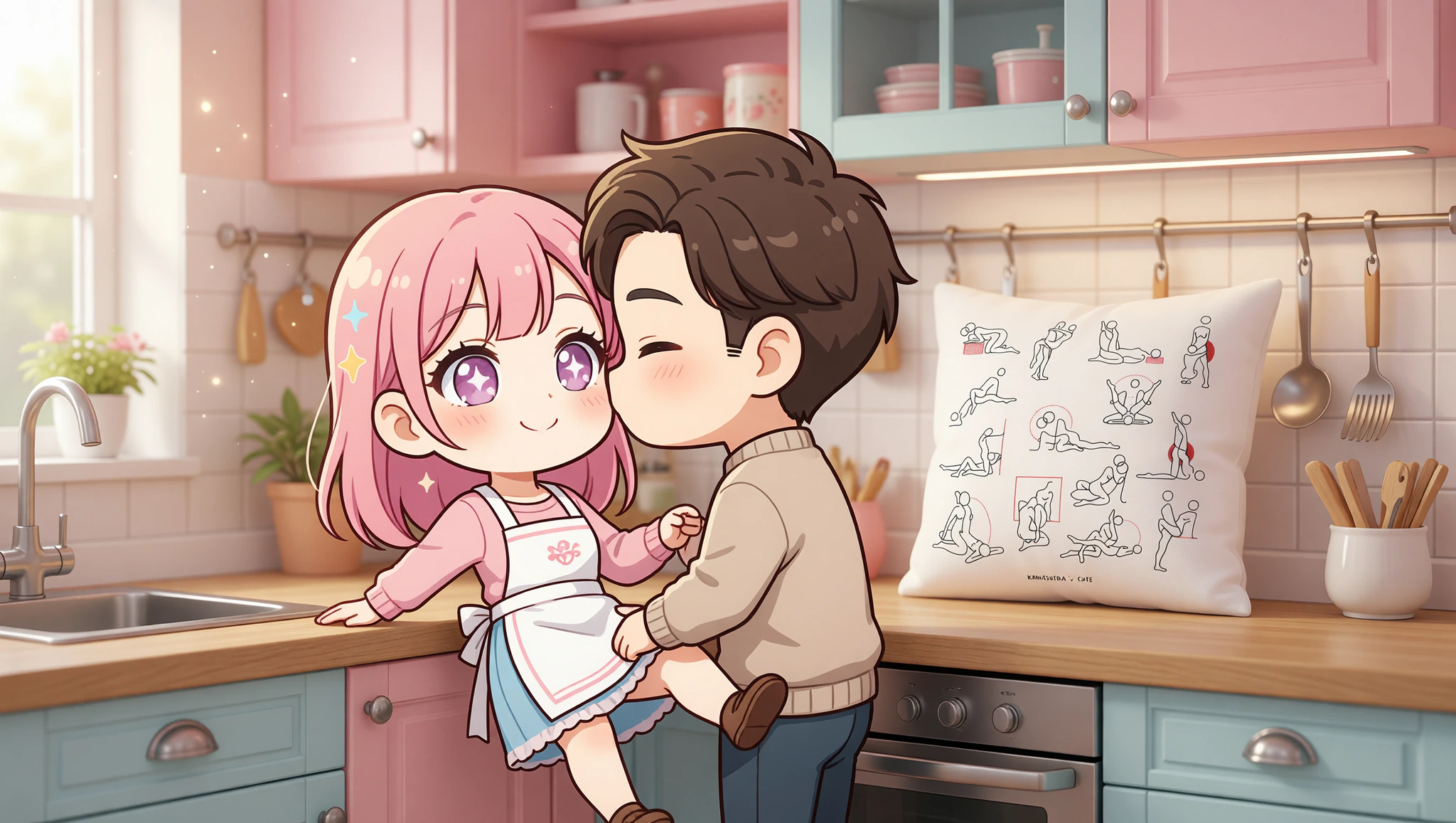 Couple enjoying kitchen counter sex position at home.