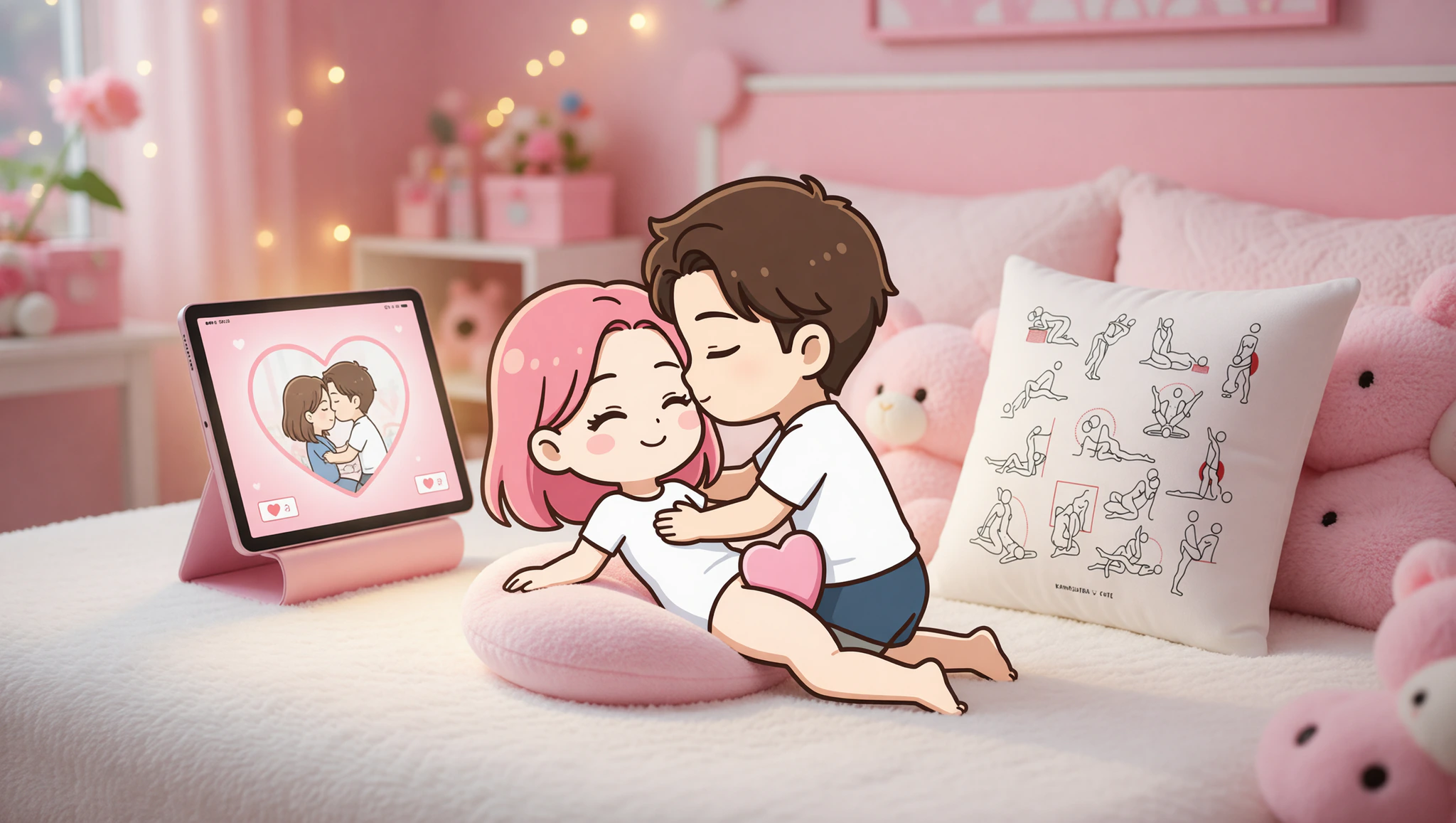 A loving couple in missionary pose using a pillow for intimate video call connection.