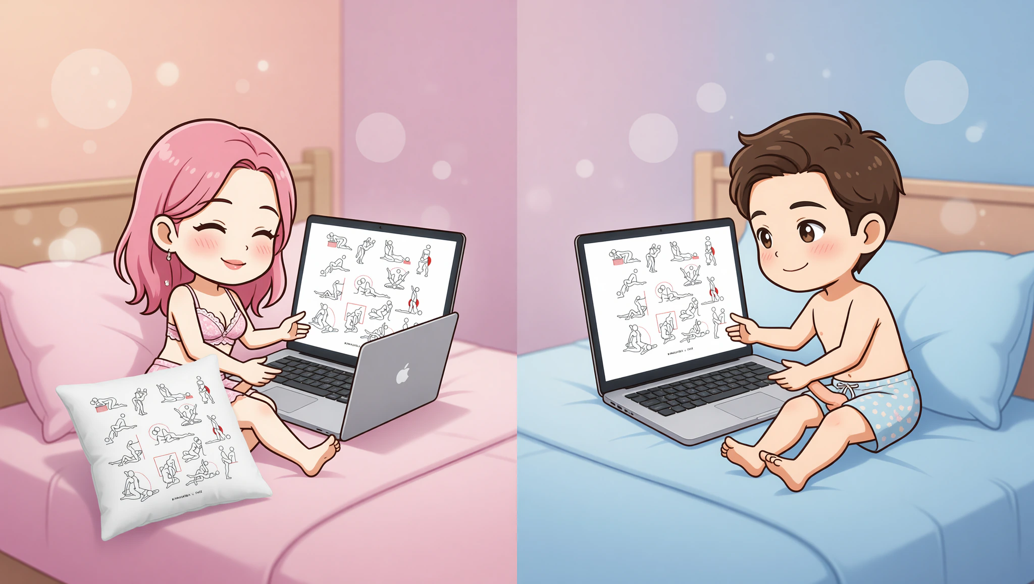 Man and woman sharing a steamy long distance video sex session from their beds.