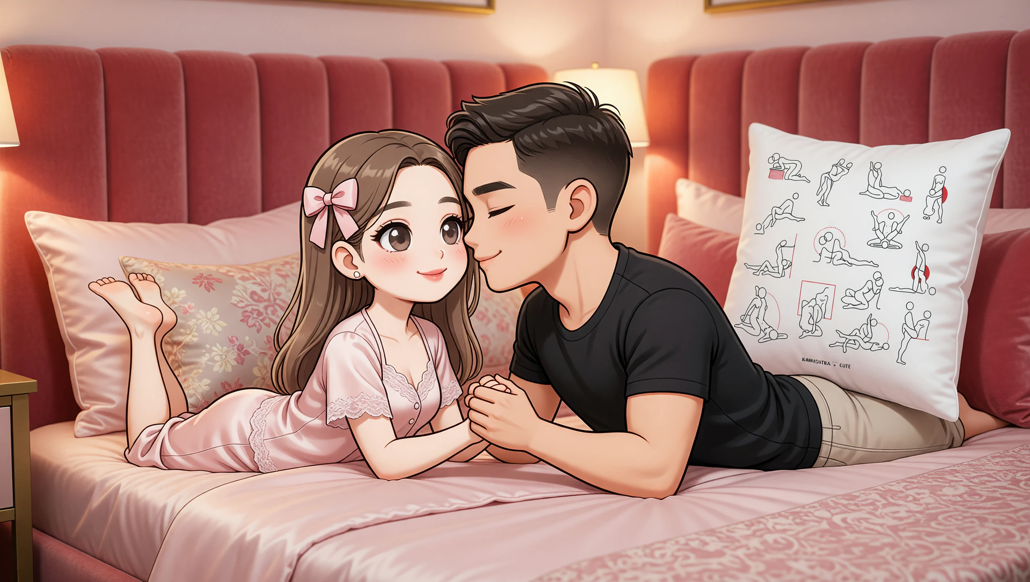 Stylish man and woman couple in elevated pillow-propped sex position on luxurious bedroom bed.