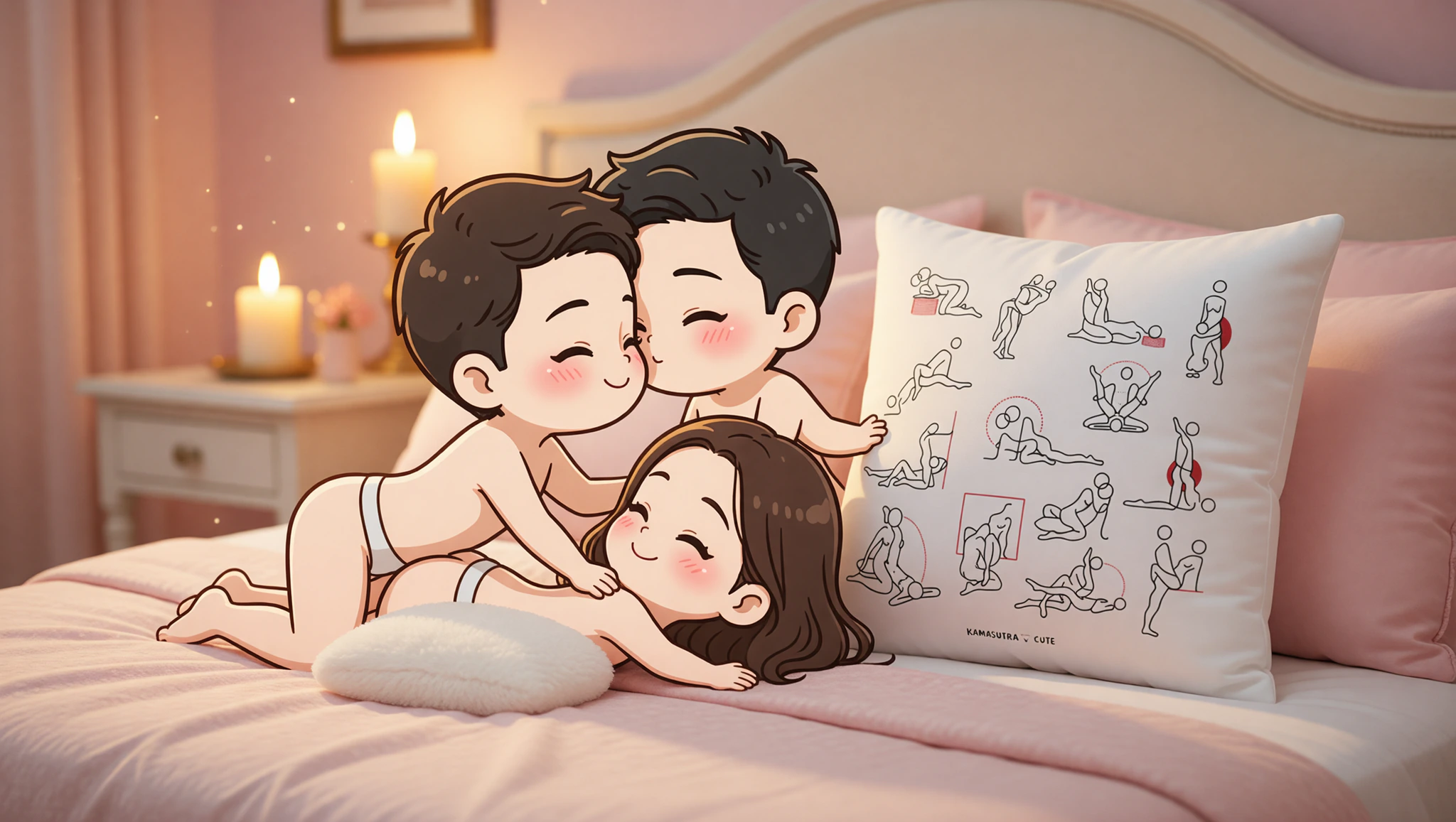 A man and woman couple enjoying a honeymoon passion position propped by a pillow in their bedroom.