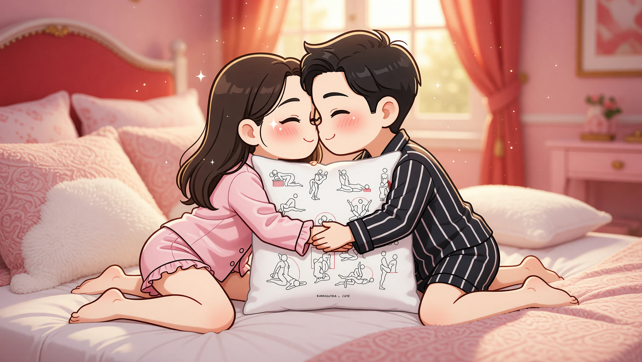 A passionate man and woman couple exploring missionary magic as newlyweds in a cozy bedroom.