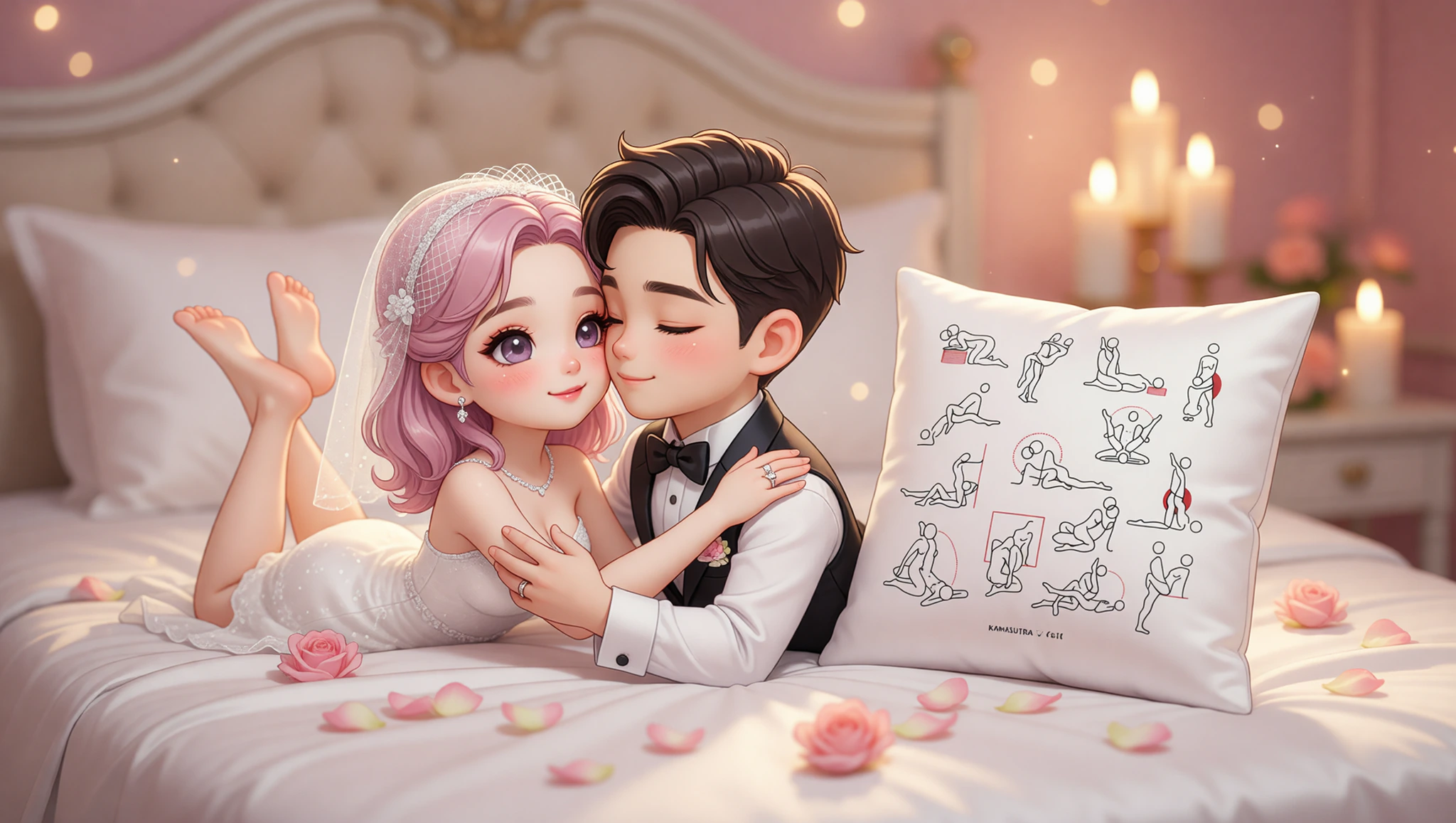 Newlywed couple in an elevated missionary position, sharing intimate eye contact on their honeymoon bed.