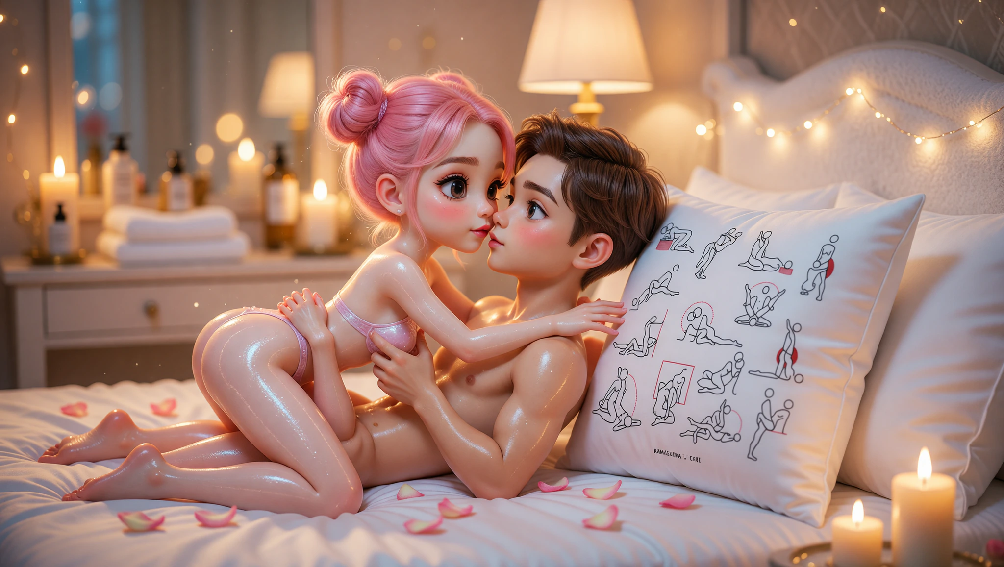 A man and woman sharing a glowing spa-inspired intimate position in a dimly lit bedroom with candles and oils.