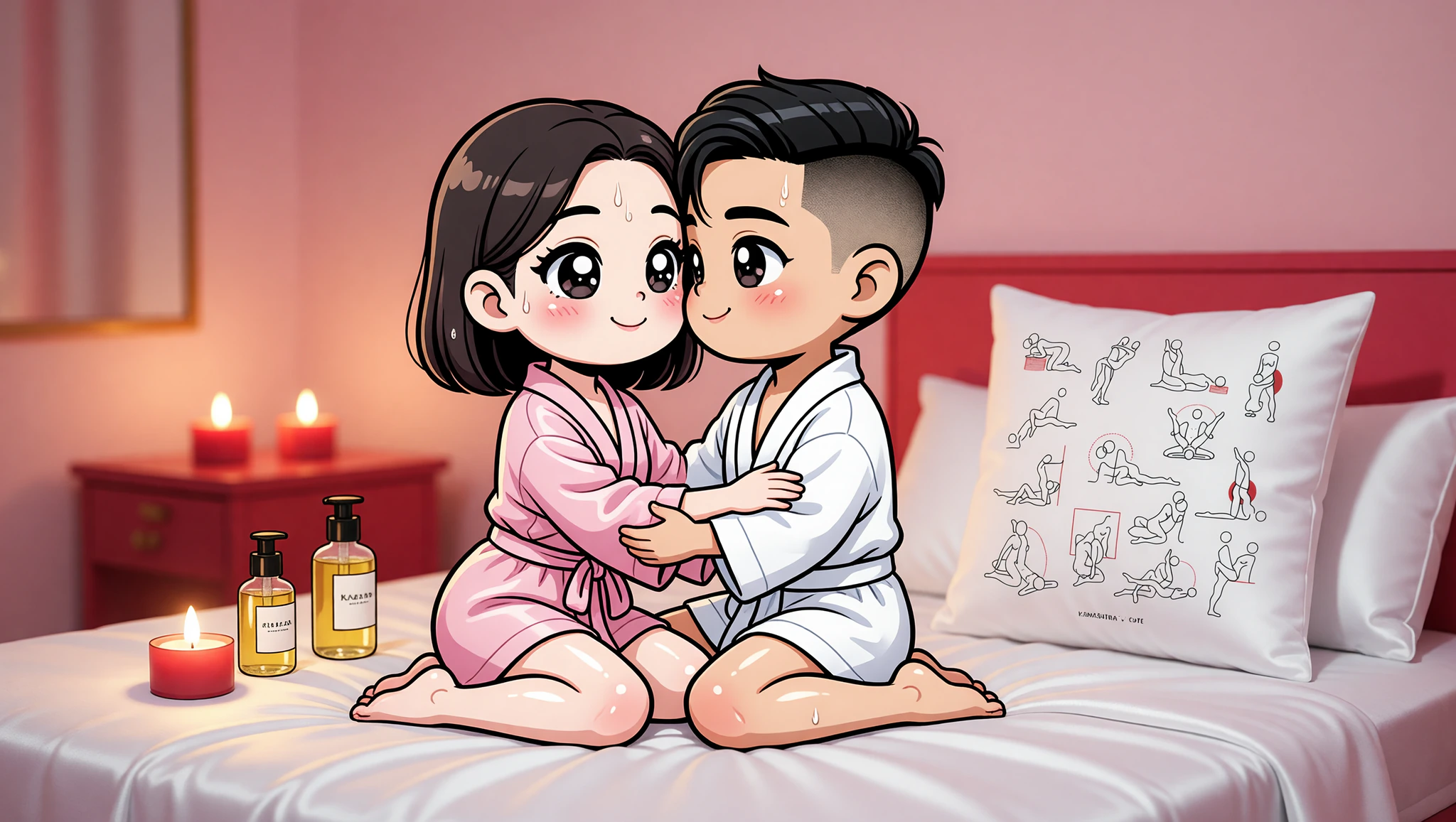 A man and woman locked in an oiled lotus sex position, bodies shining under soft spa lighting.