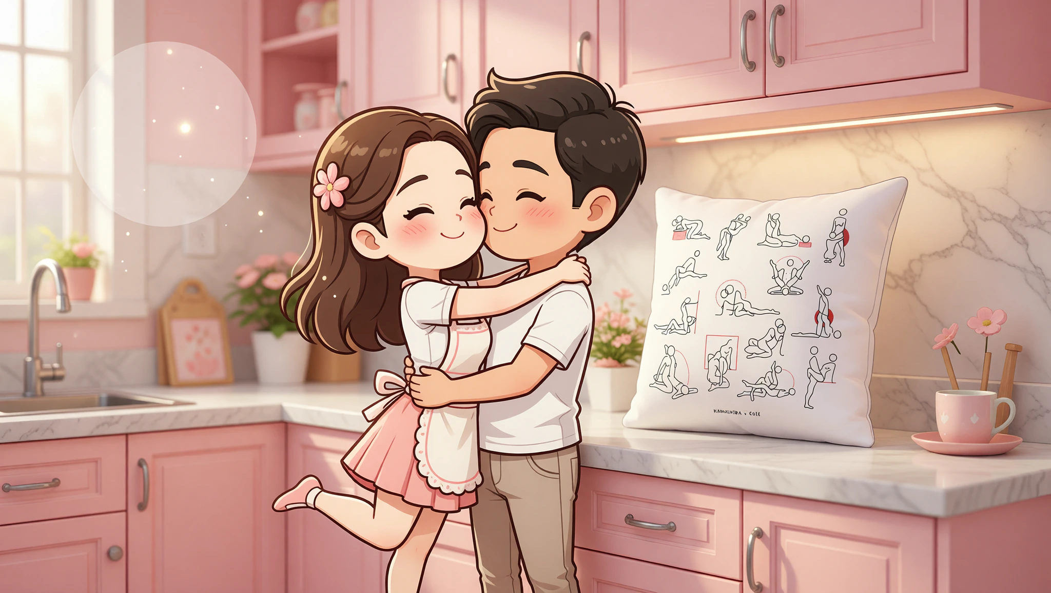 A man and woman passionately engaged in a spontaneous rush sex position on a kitchen counter.