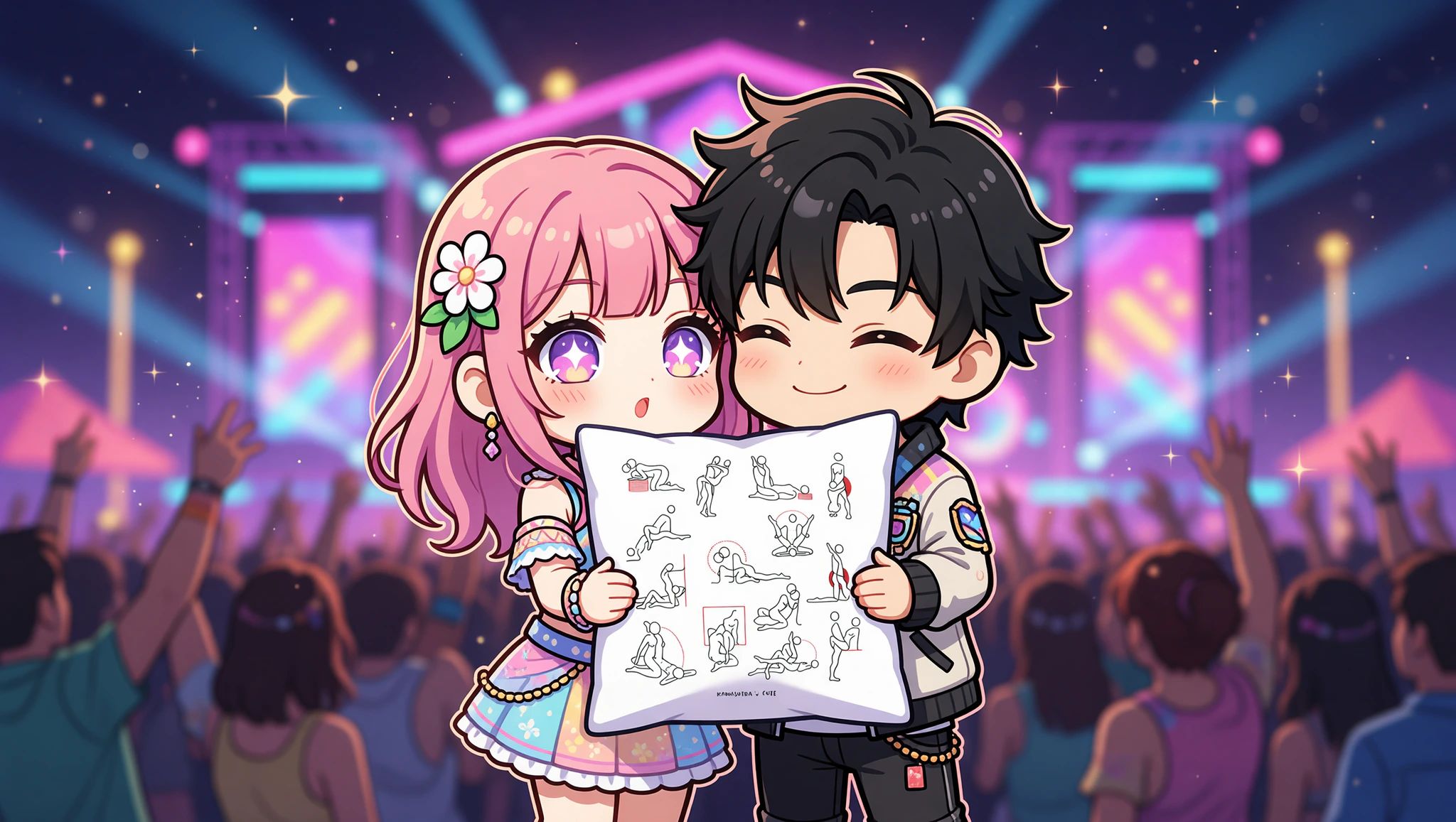 A man and woman in a thrilling intimate pose as they wander amid the lights and energy of a music festival.