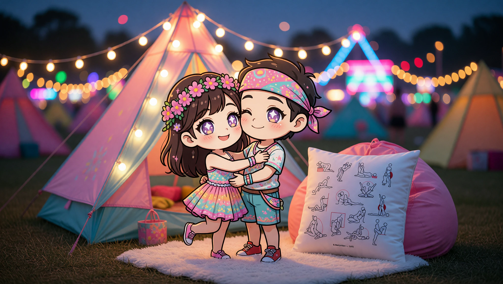 A man and woman sharing a thrilling intimate moment near their festival tent under colorful lights.