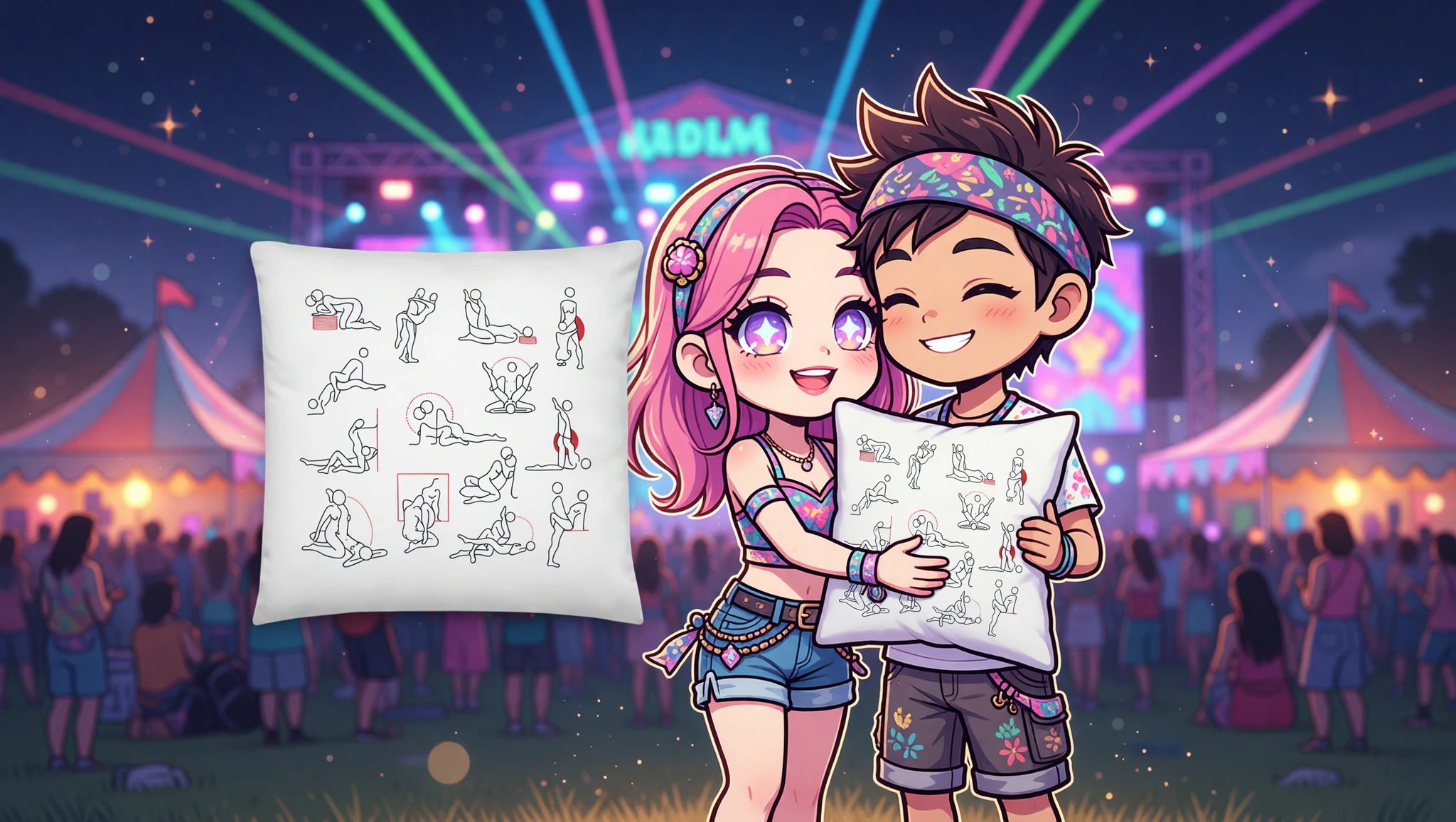 A man and woman passionately embracing near a festival tent under glowing stage lights.