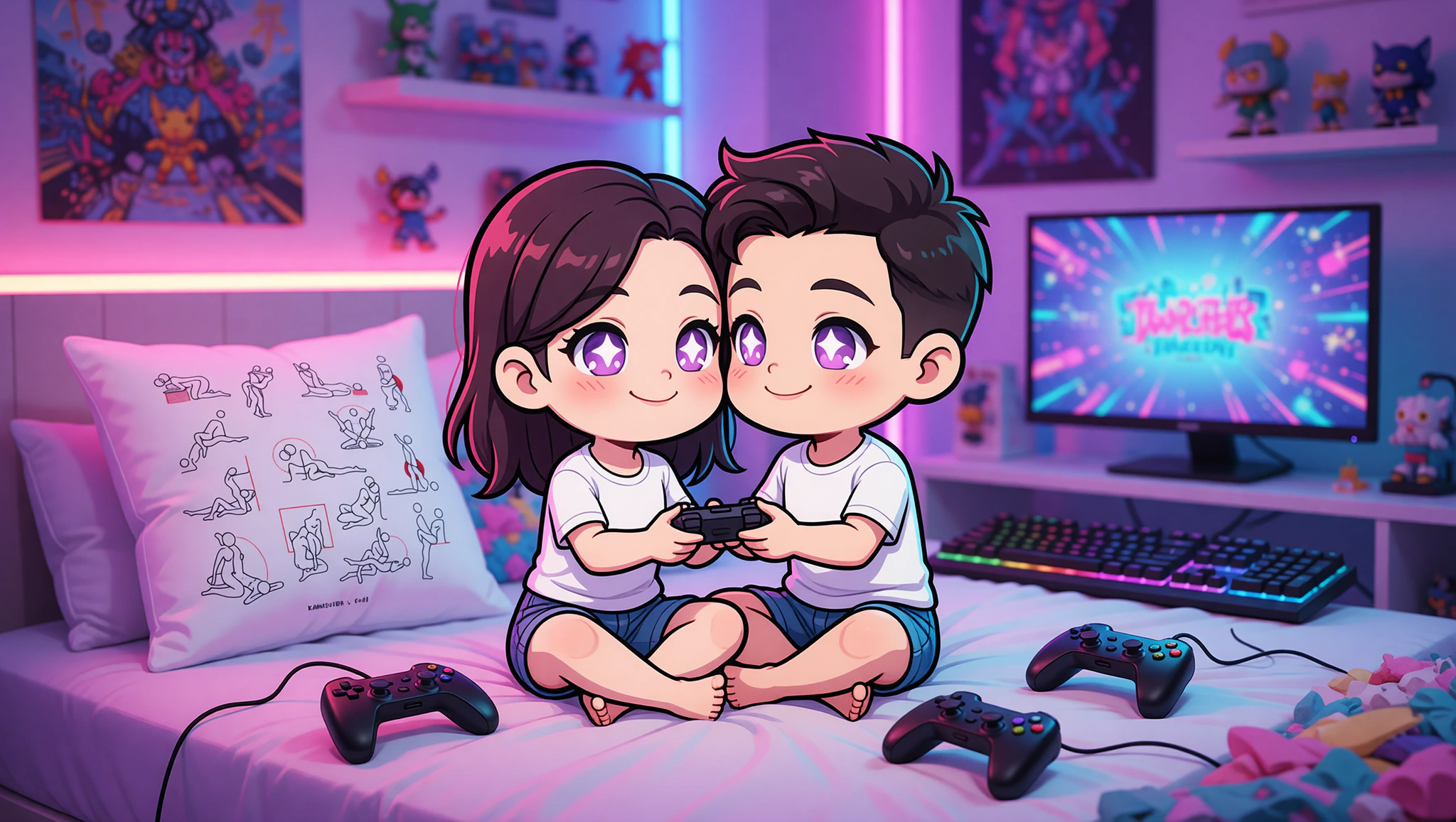 A man and a woman enjoying a flirty gaming-themed lotus sex position on a bed surrounded by controllers.