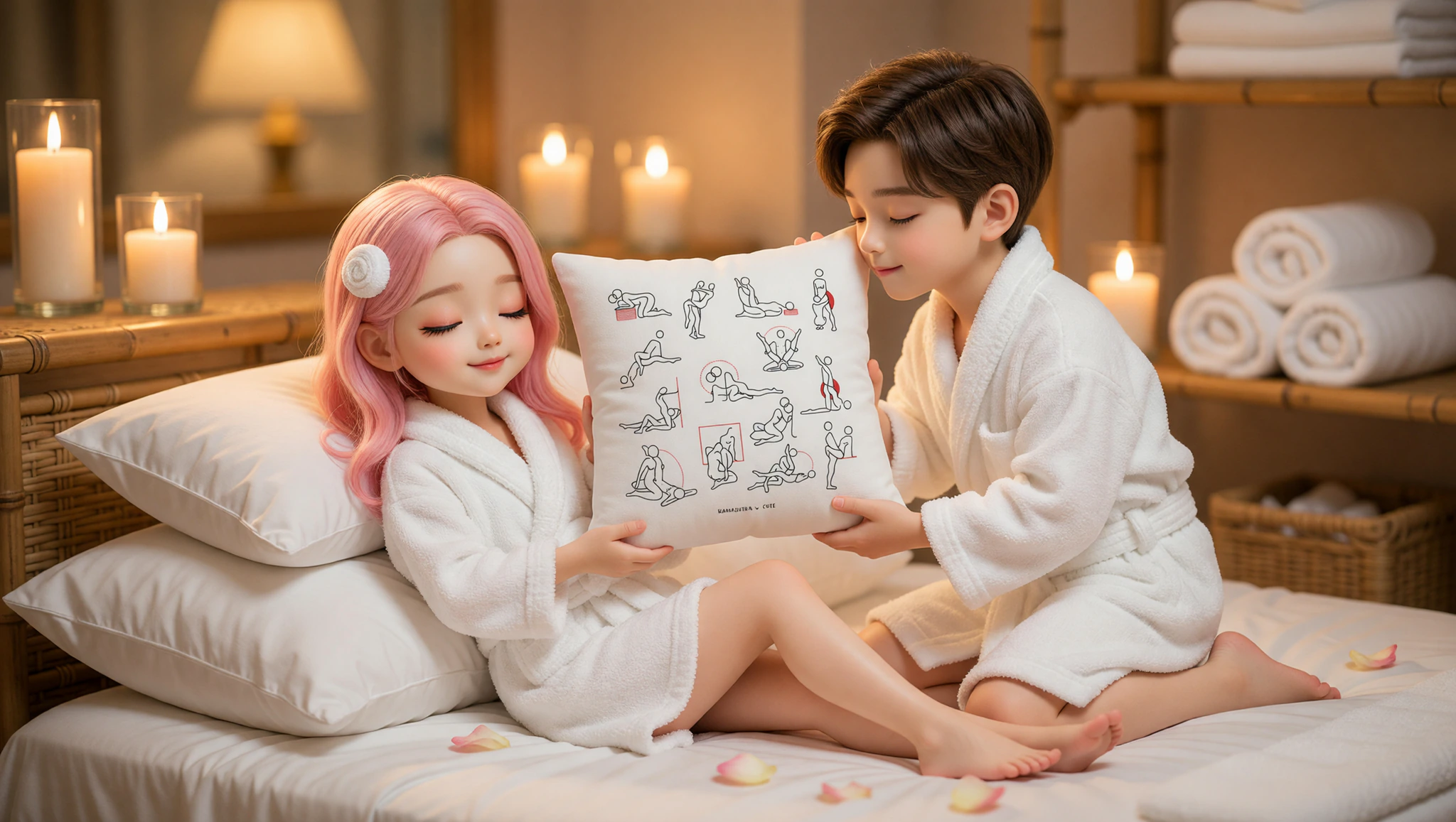 A man and woman sharing a relaxing spa-inspired intimate position in a candlelit bedroom.
