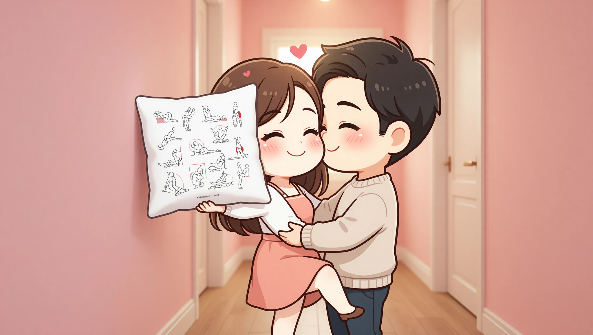 A man and woman sharing an intense spur-of-the-moment position against a living room wall.