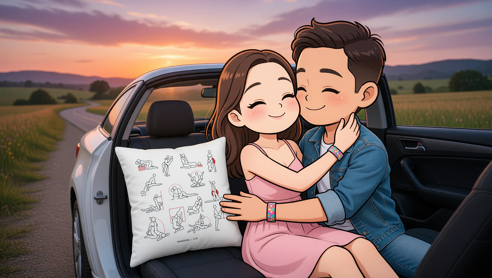 A man and woman sharing a steamy moment in the backseat of their car on a festival road trip.