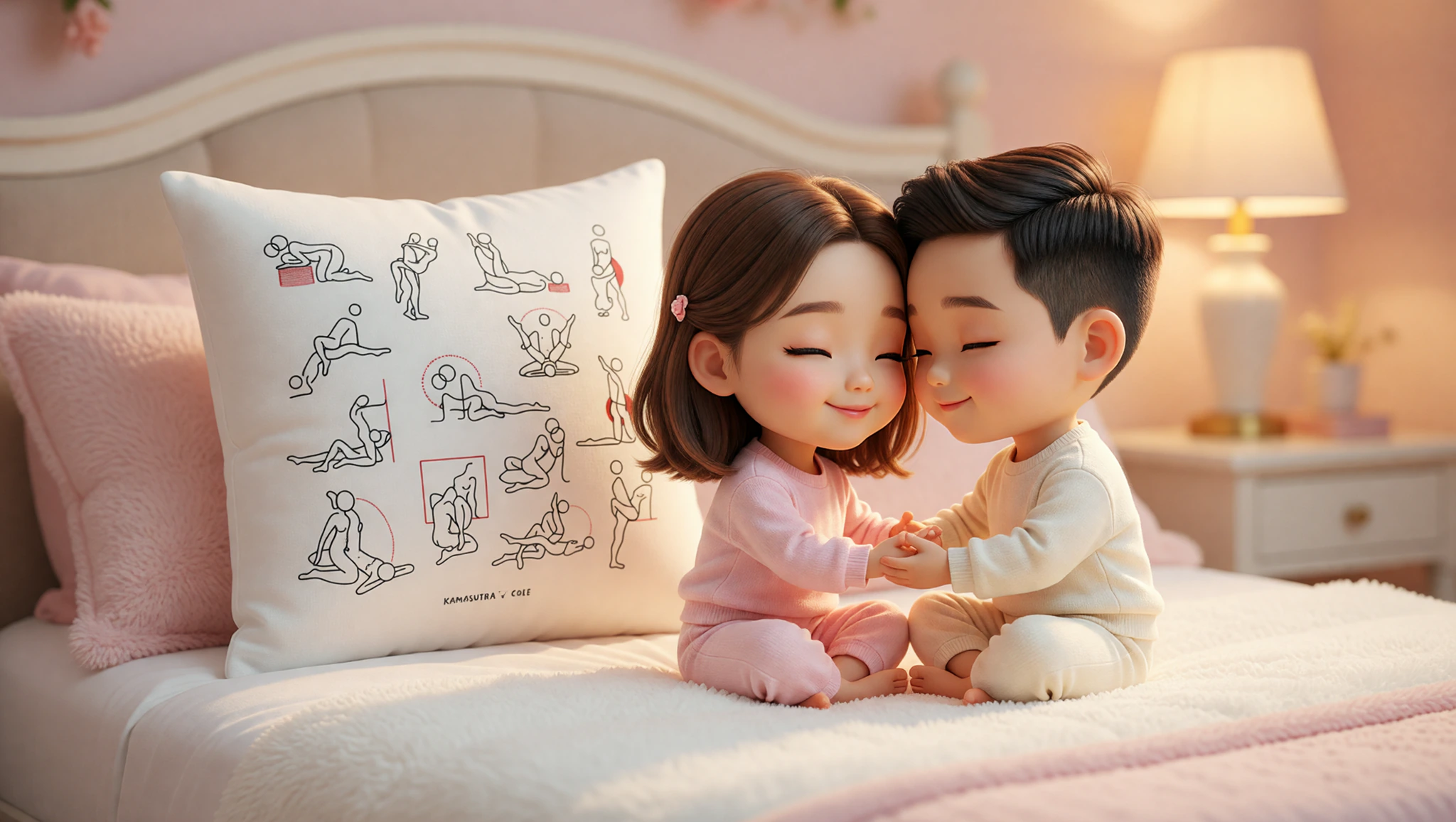 A man and woman couple deeply connecting in a lotus lovers bond bloom pose on their bed.