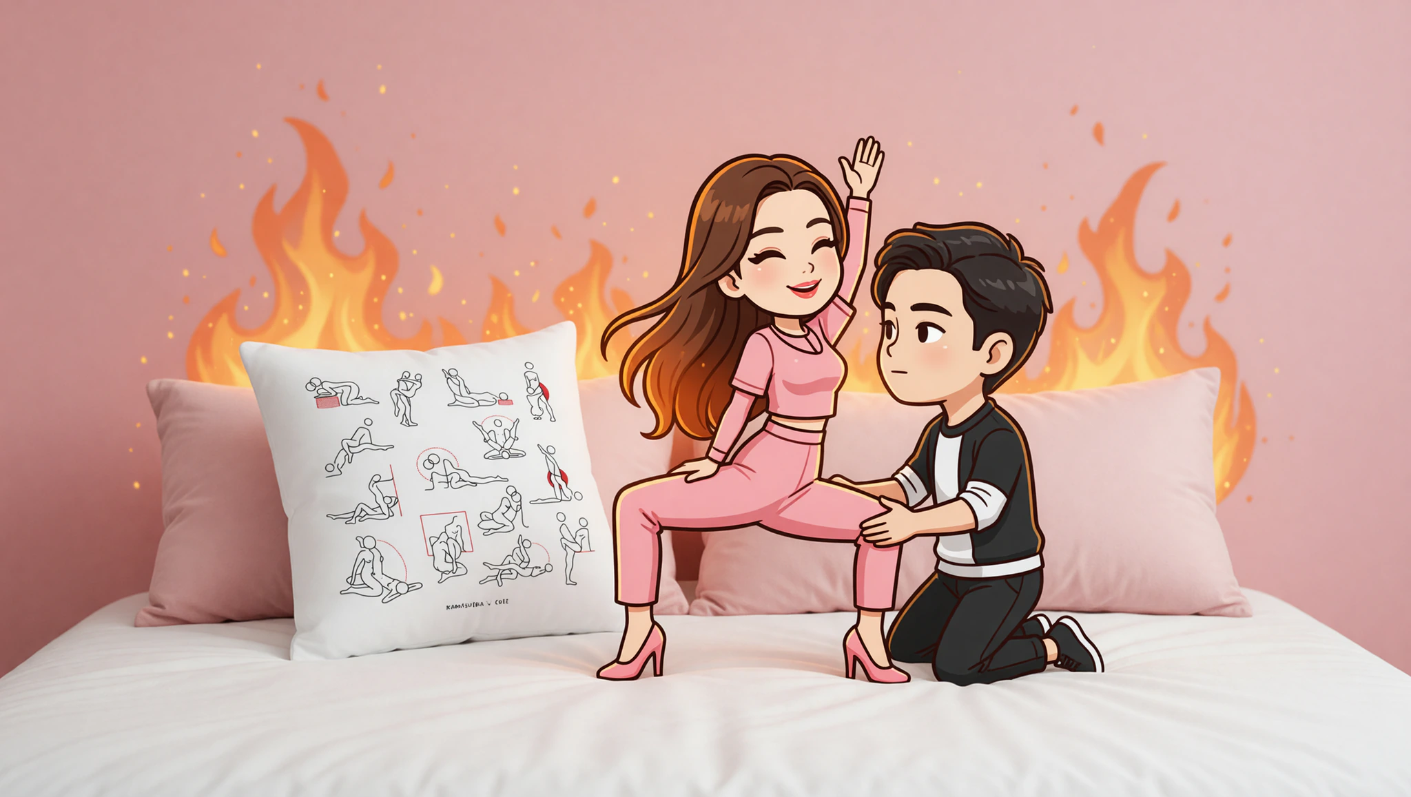 Passionate couple executing a bridge burning pose with distant flames, building intense bedroom tension.