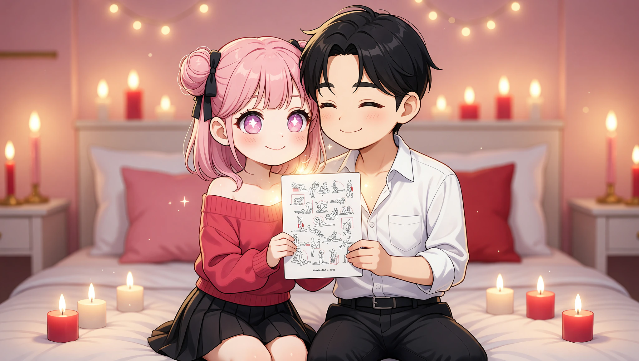 Pareja hombre y mujer celebrando aniversario en abrazo íntimo a la luz de velas con pétalos de rosa.