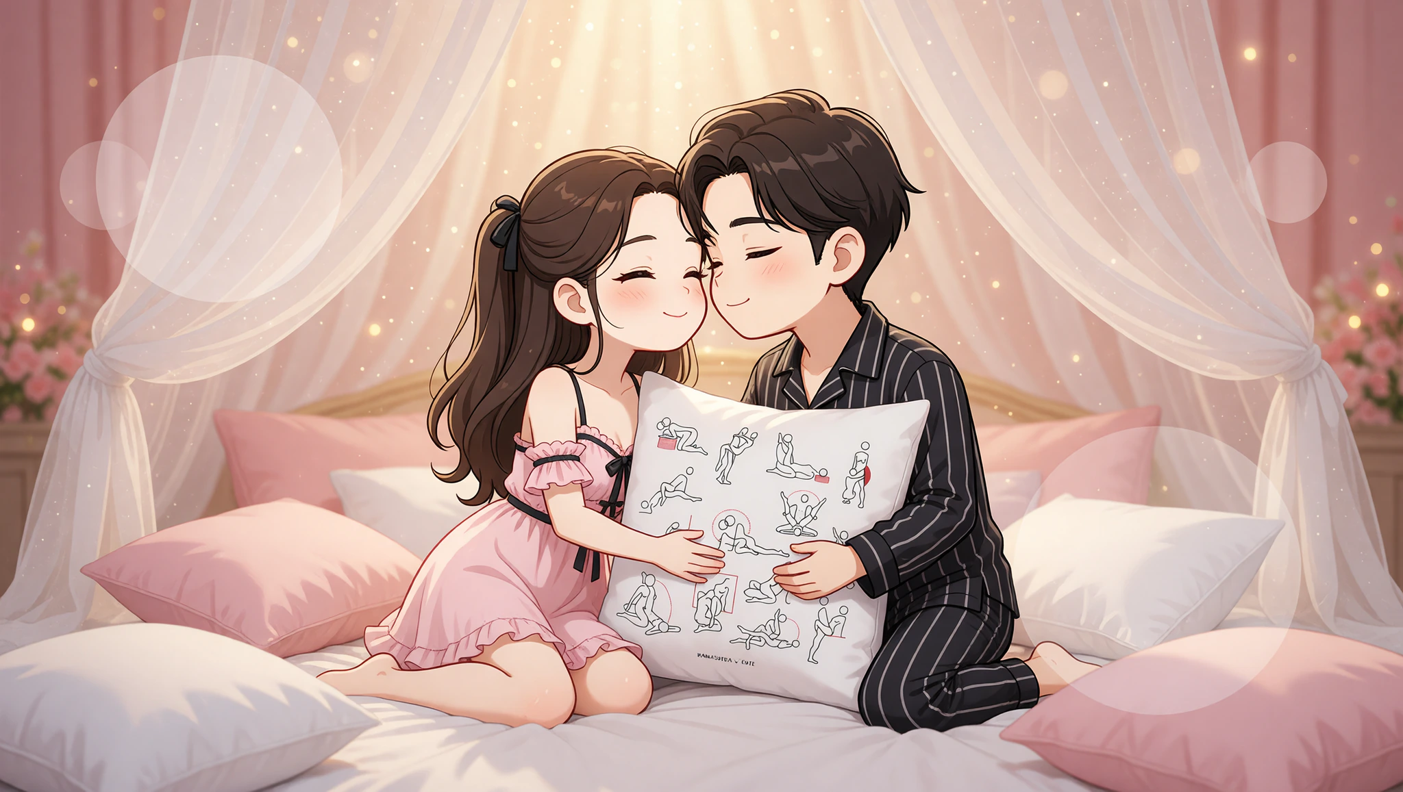 A man and woman lost in canopy caress intimacy amid romantic bedroom drapes and pillows.