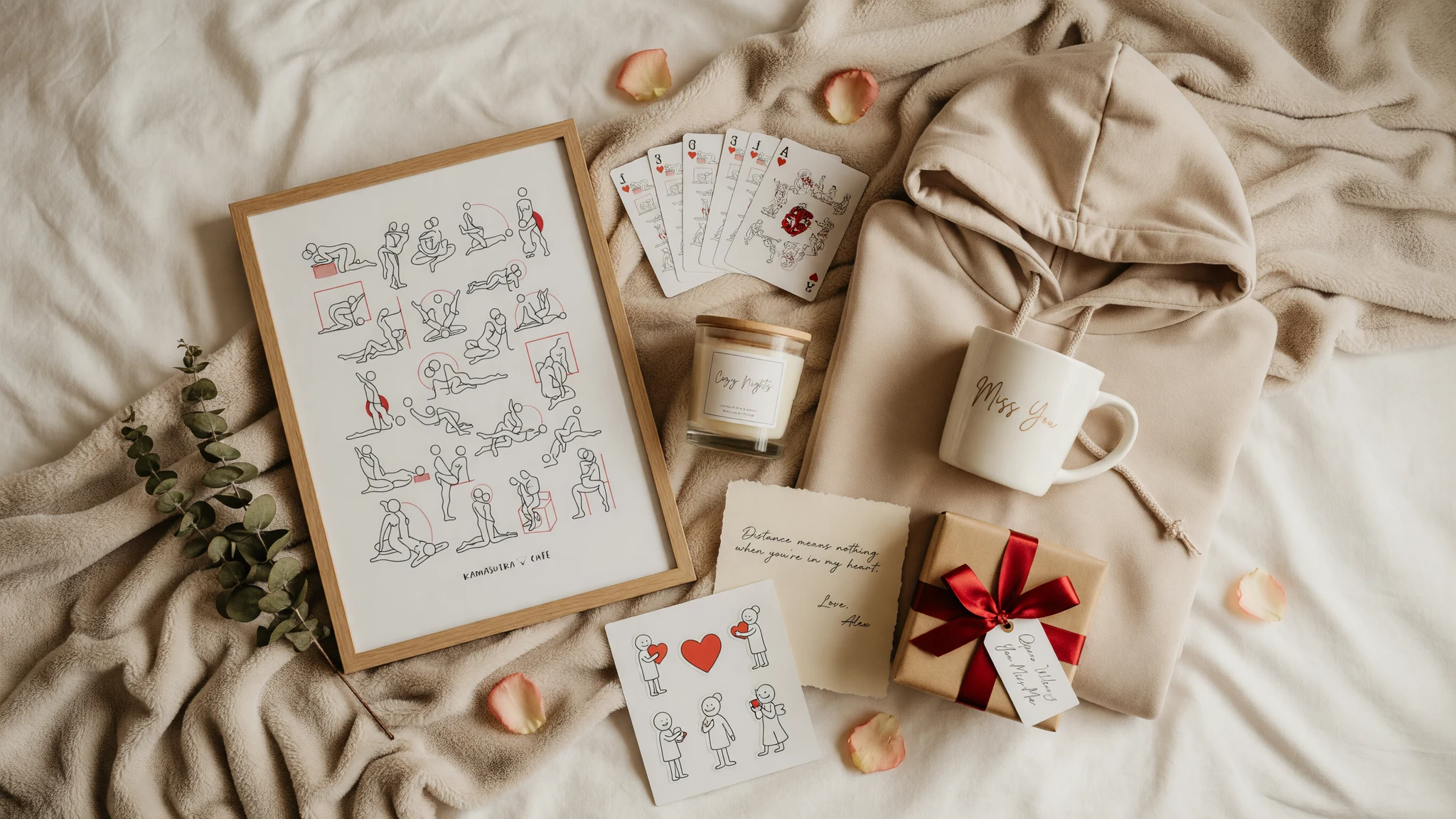 Long-distance care package for a boyfriend with playful gifts and handwritten note