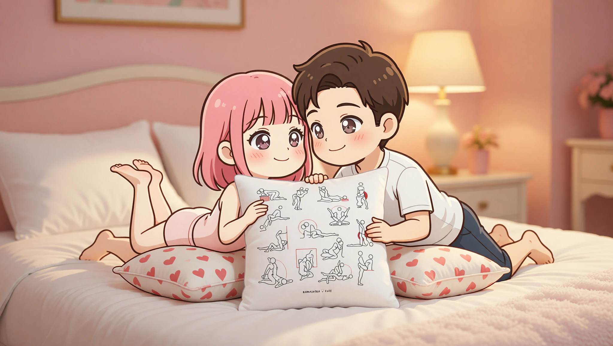 Pareja apasionada en posición misionero elevada con almohadas Kamasutra Cute, conectados intensamente.