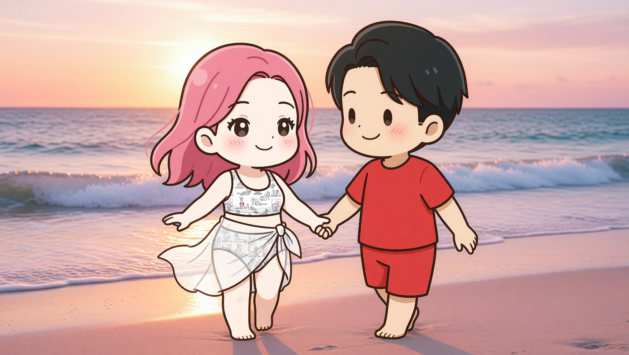 Couple sunset beach stroll wearing Kamasutra Cute high-waisted bikini bottom.