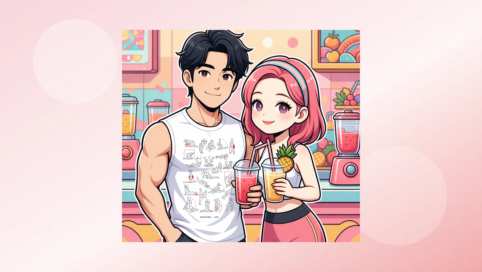 Couple in post-workout bliss at smoothie lounge, him in Kamasutra Cute - Muscle Shirt