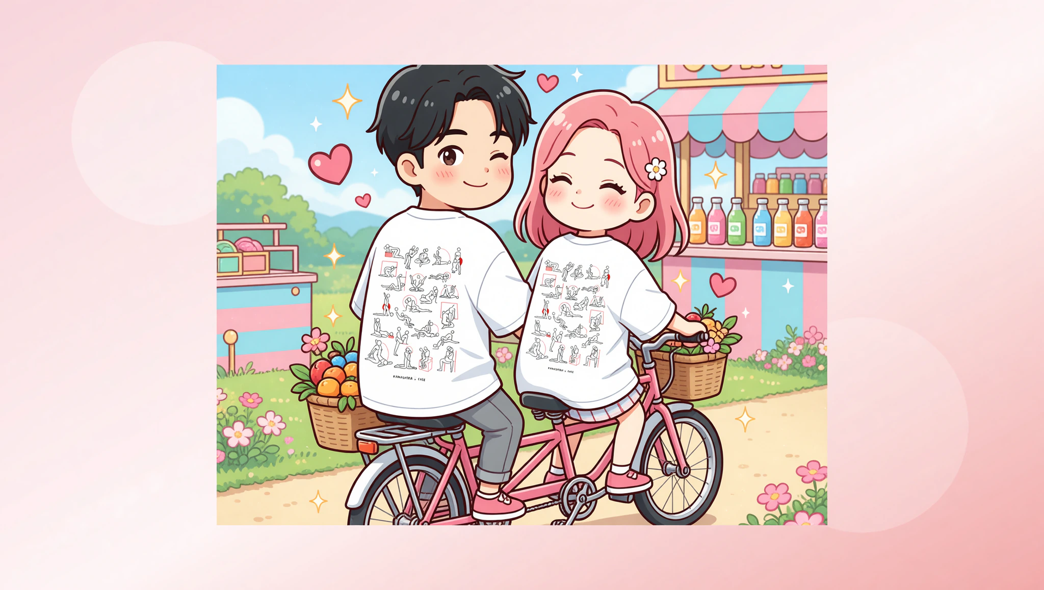 Chibi couple in Kamasutra tees cycling to juice bar