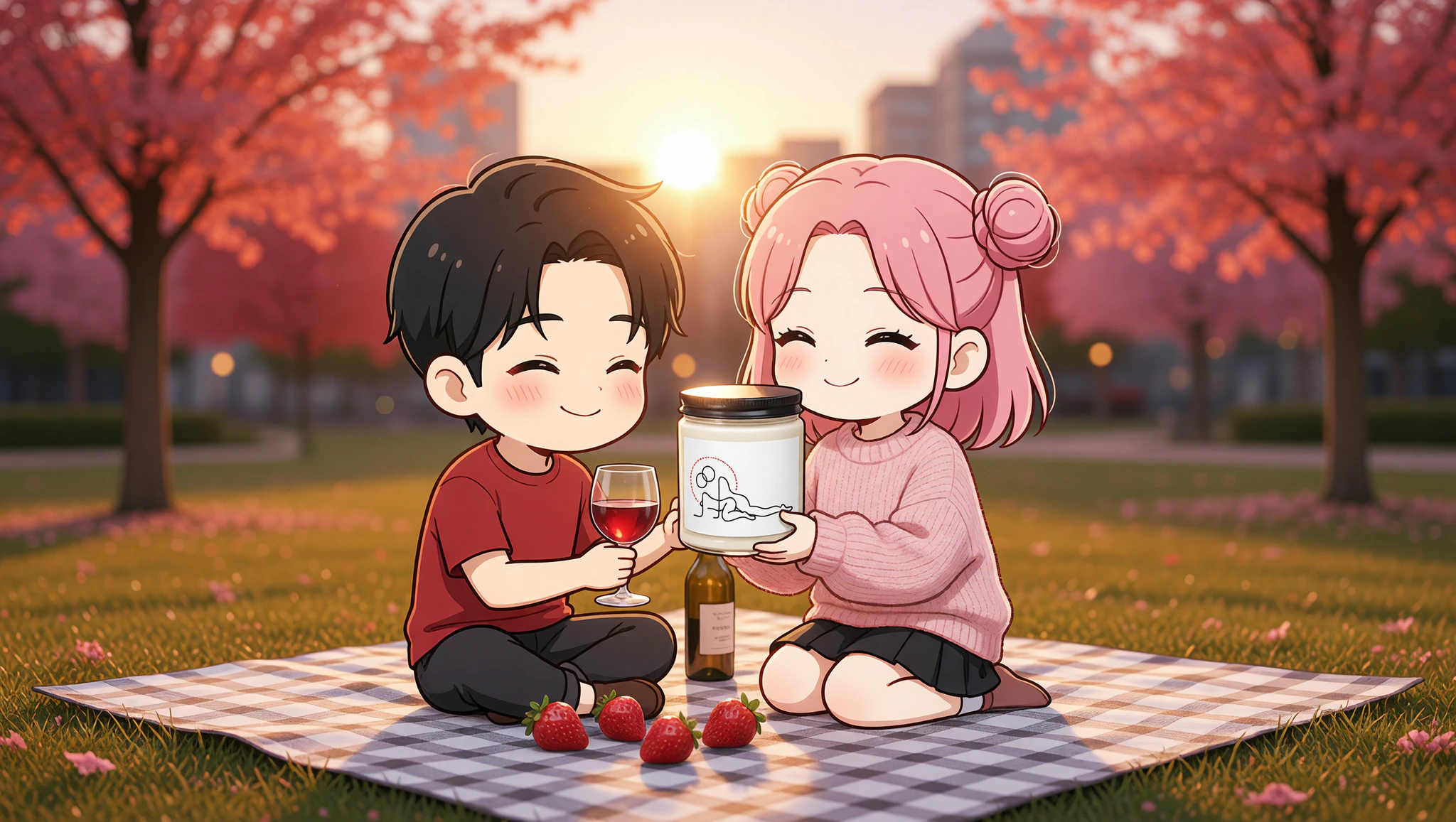 Couple enjoying sunset picnic date with candle unwind hint.