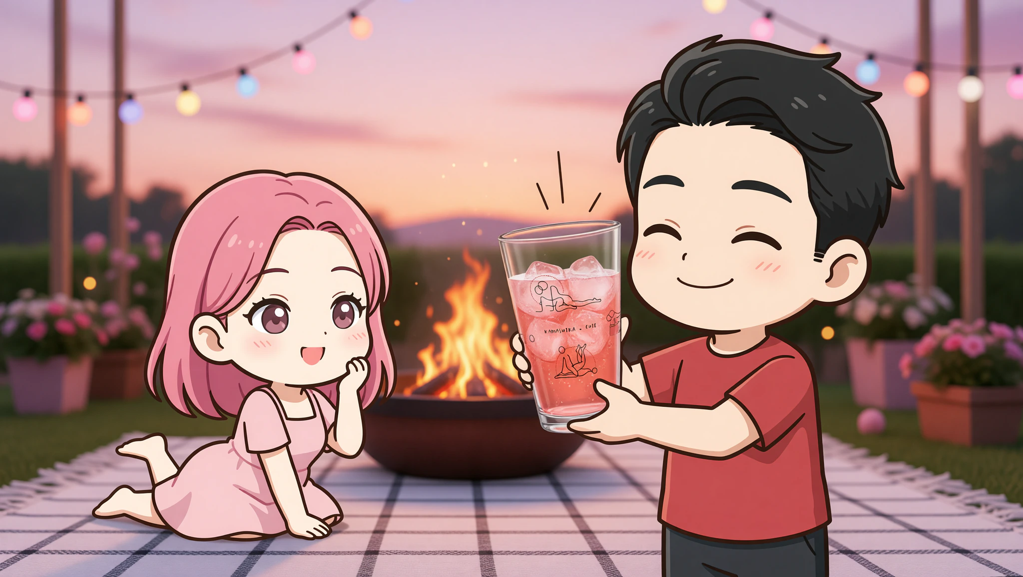 Couple enjoying backyard cocktail date with Kamasutra Cute shaker pint glasses.