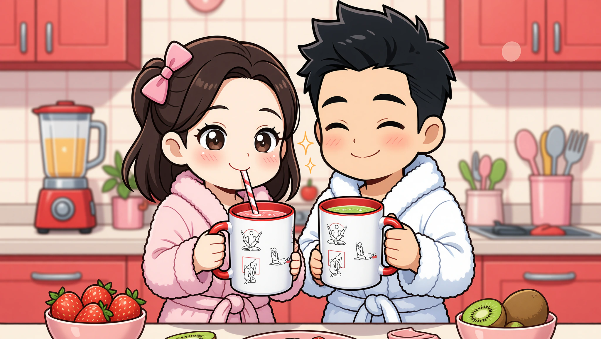 Chibi couple toasting post-workout smoothies in Kamasutra Cute Mugs