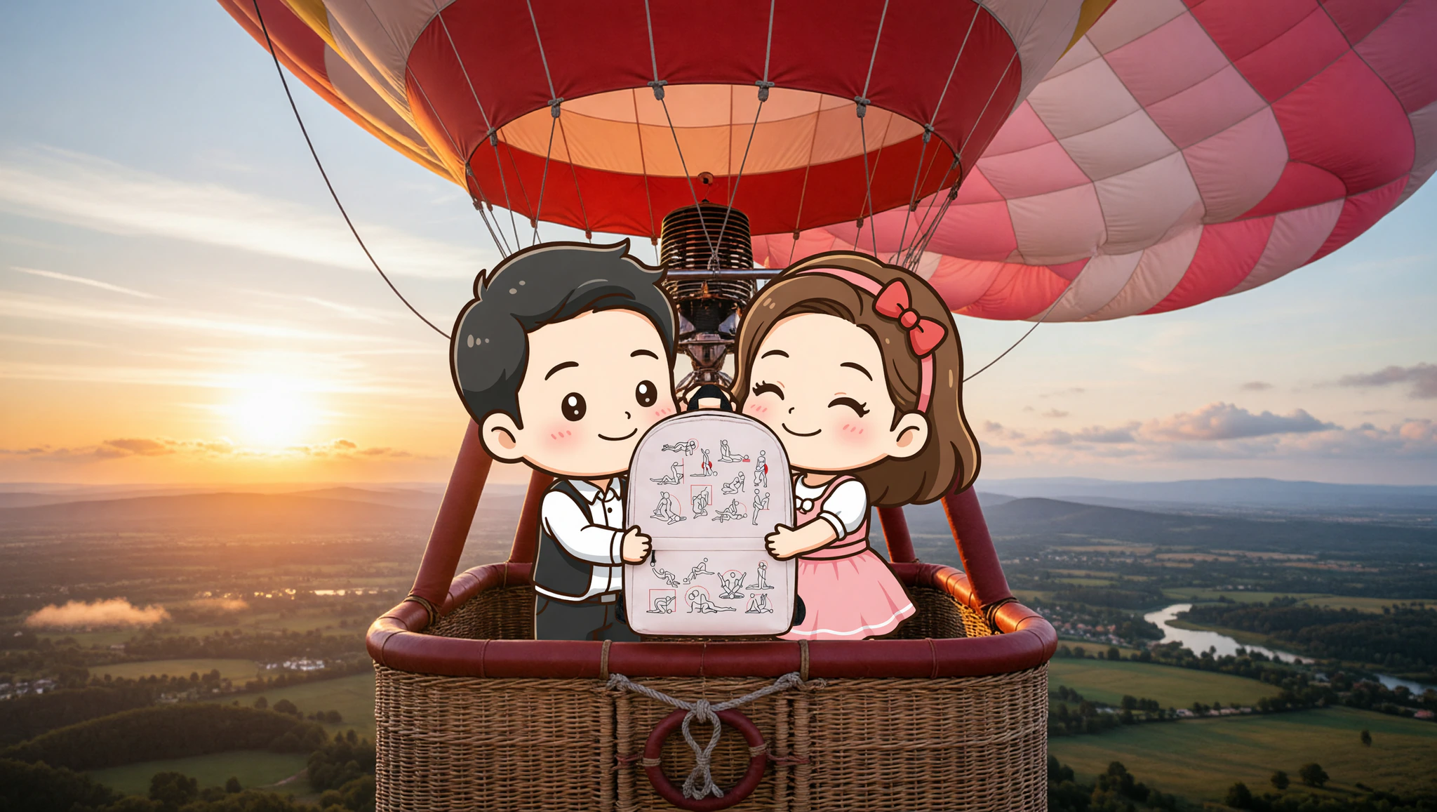 Couple enjoying hot air balloon date with Kamasutra Cute - Backpack