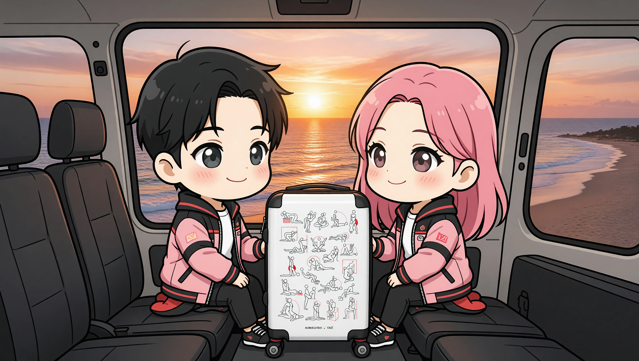 Couple on scenic helicopter tour with Kamasutra Cute suitcase overlooking sunset beach.