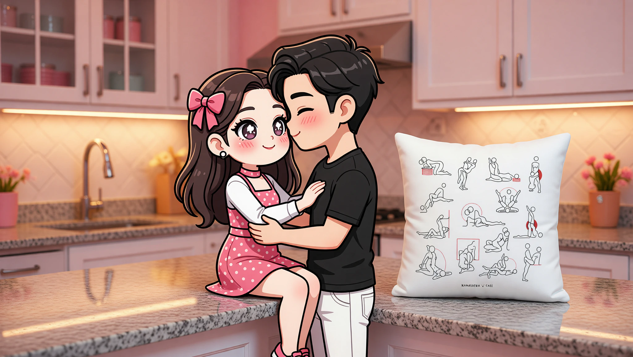 Pareja hombre y mujer en pose apasionada con caricias sobre encimera de cocina moderna.