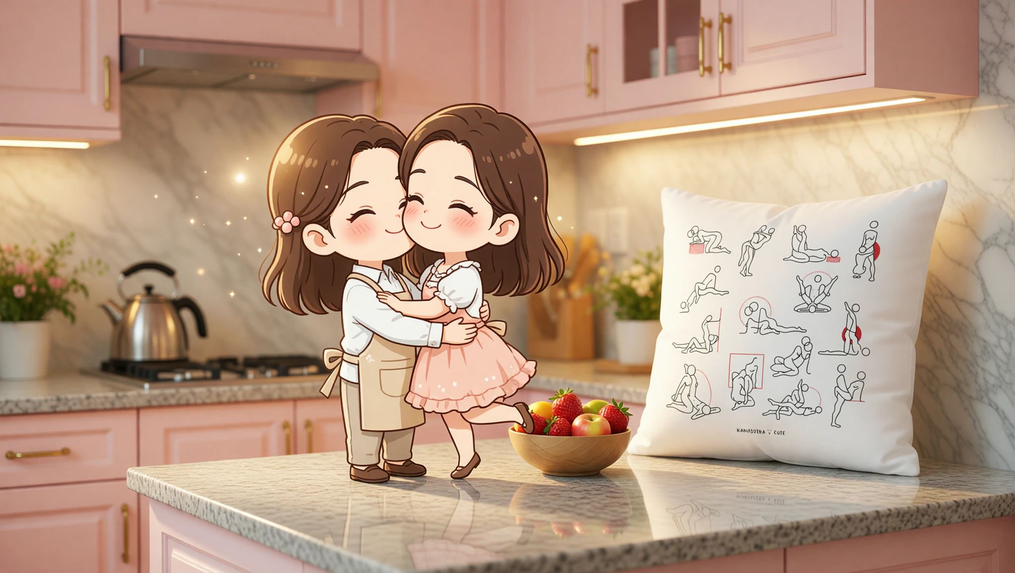 A man and woman sharing a steamy kiss as she sits on the kitchen countertop.