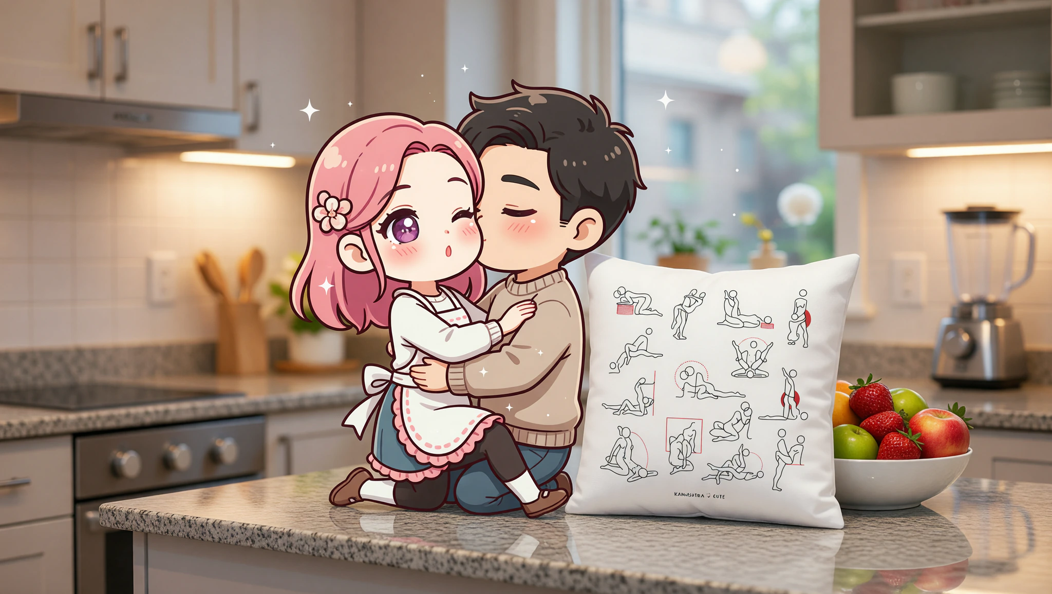 Una pareja hombre y mujer en pose ardiente sobre la encimera de la cocina, conectados con pasión intensa.