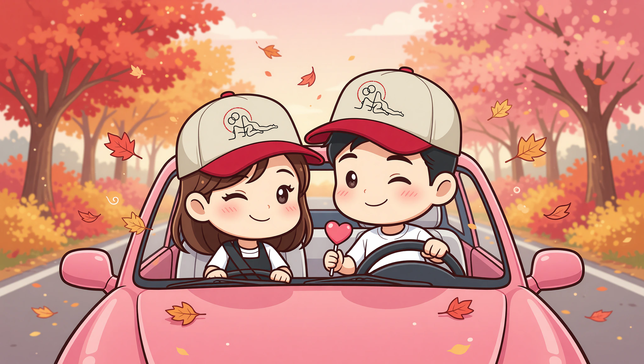 Chibi couple in Kamasutra caps on cozy foliage drive
