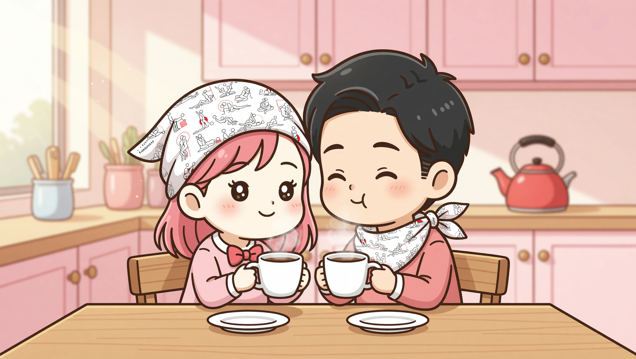 Chibi couple in Kamasutra bandanas enjoying flirty coffee date