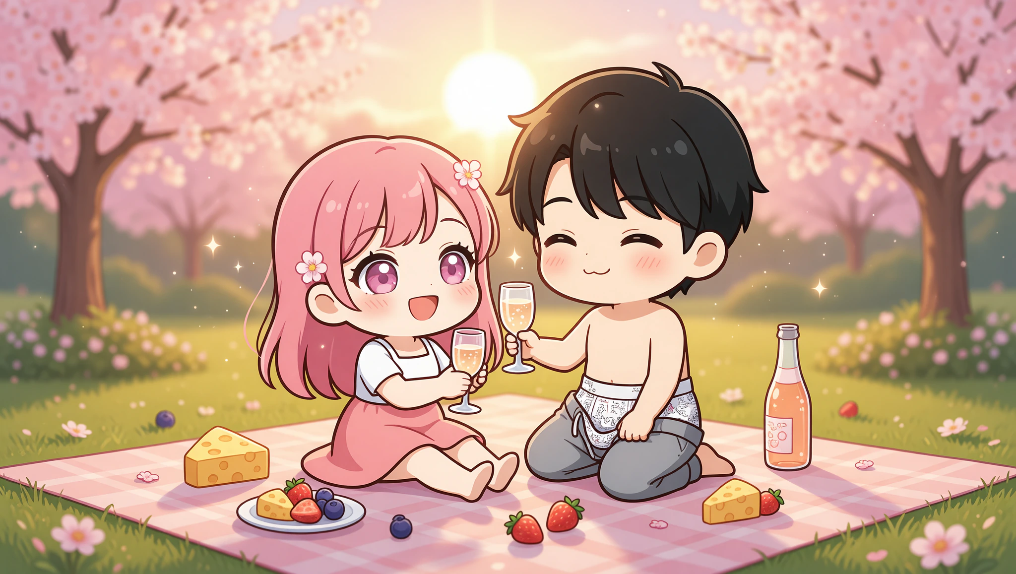 Couple enjoying cozy staycation sunrise picnic in park.