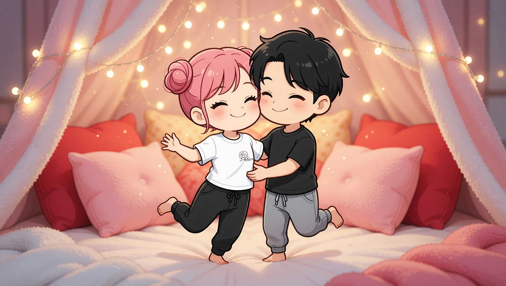 Couple enjoying lazy freestyle dance in cozy pillow fort wearing Kamasutra crop top.