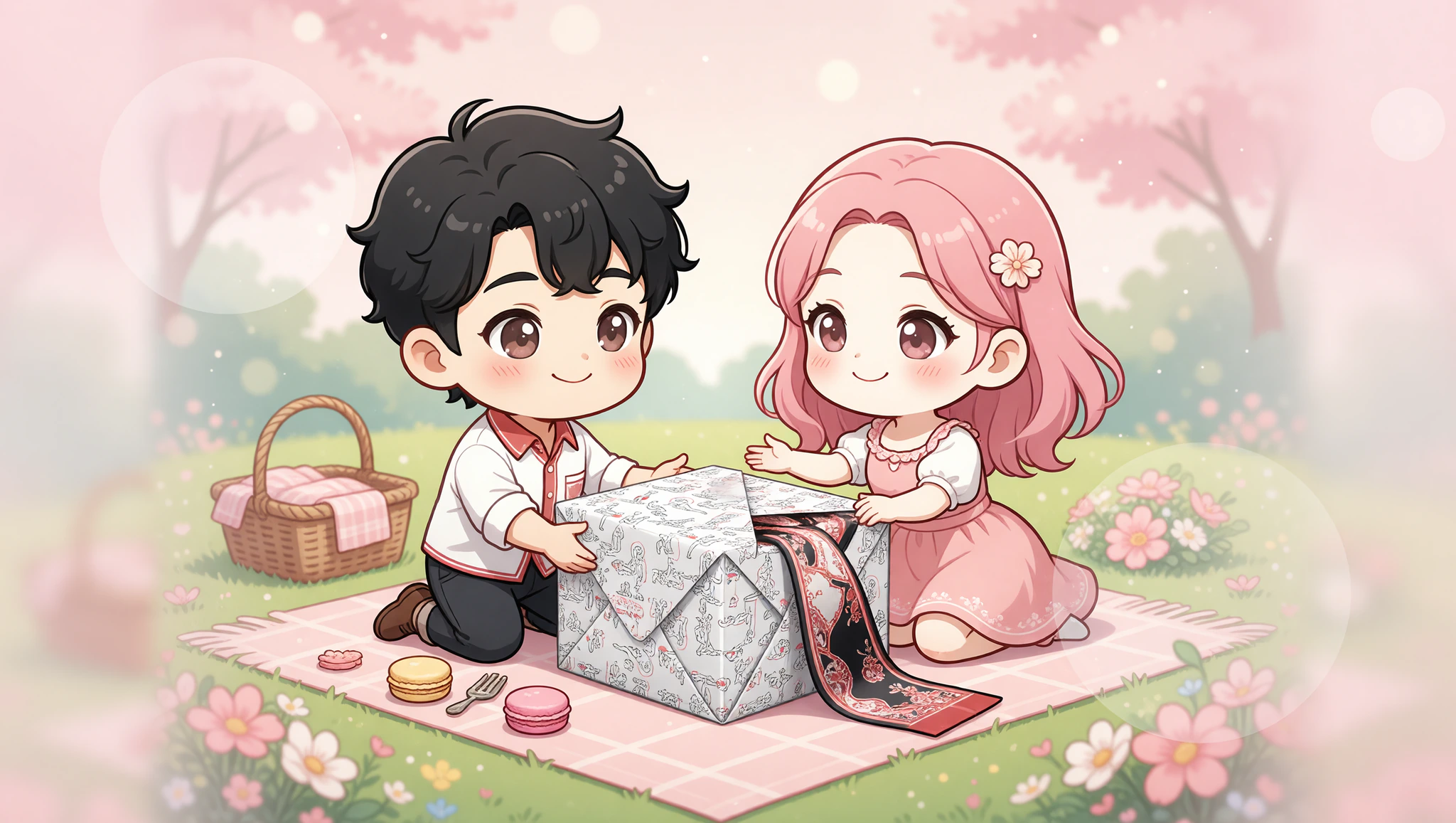 Chibi couple enjoying picnic with Kamasutra gift wrap surprise